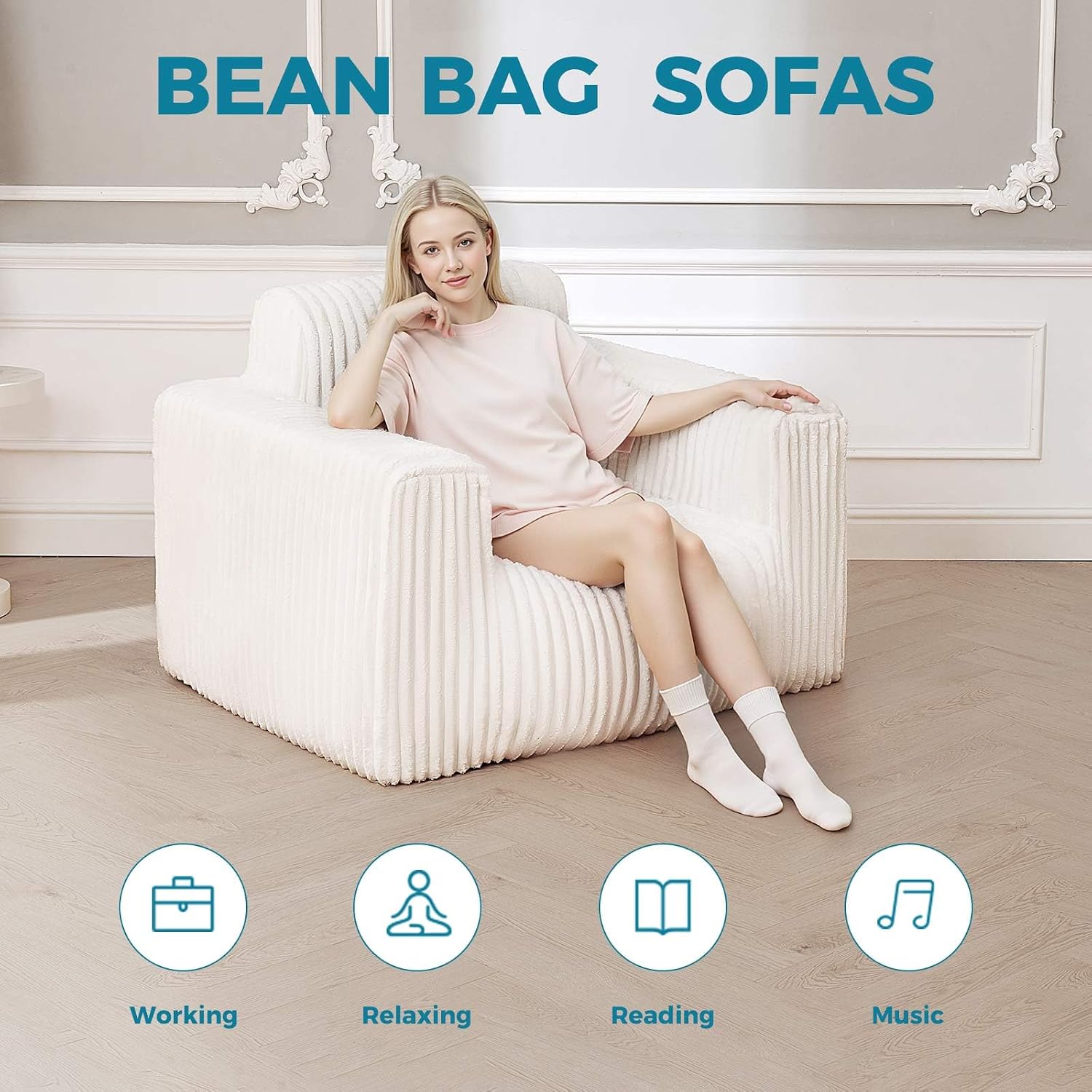 Bean Bag Chair for Adults，Soft and Comfortable Memory Foam Bean Bag Chair，Bean Bag Sofa，Armrest Plush Sofa Chair, Suitable for Bedroom, Living Room and Dormitory Leisure Chair(Off-White)