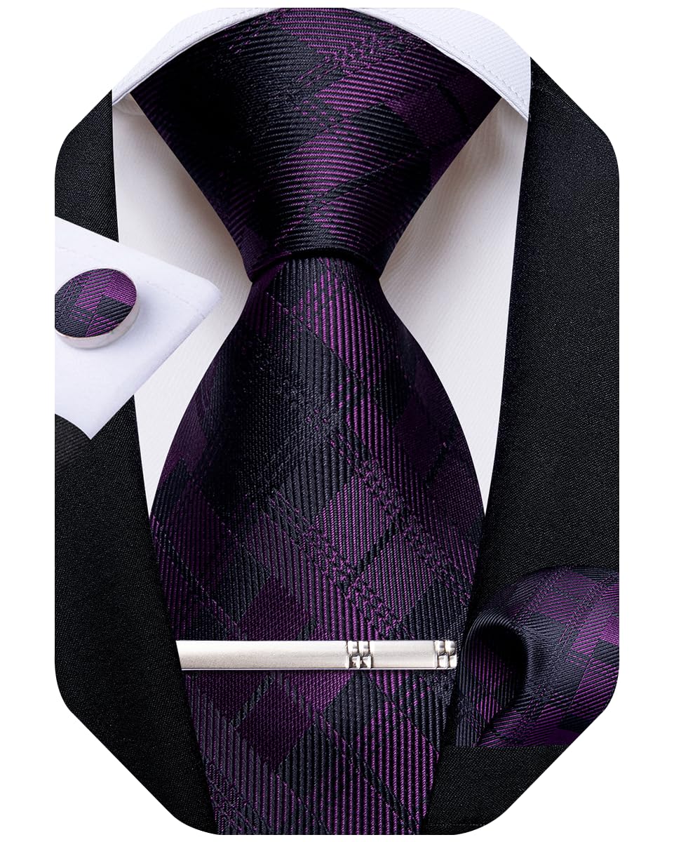 DiBanGu Mens Silk Plaid Tie and Pocket Square Set