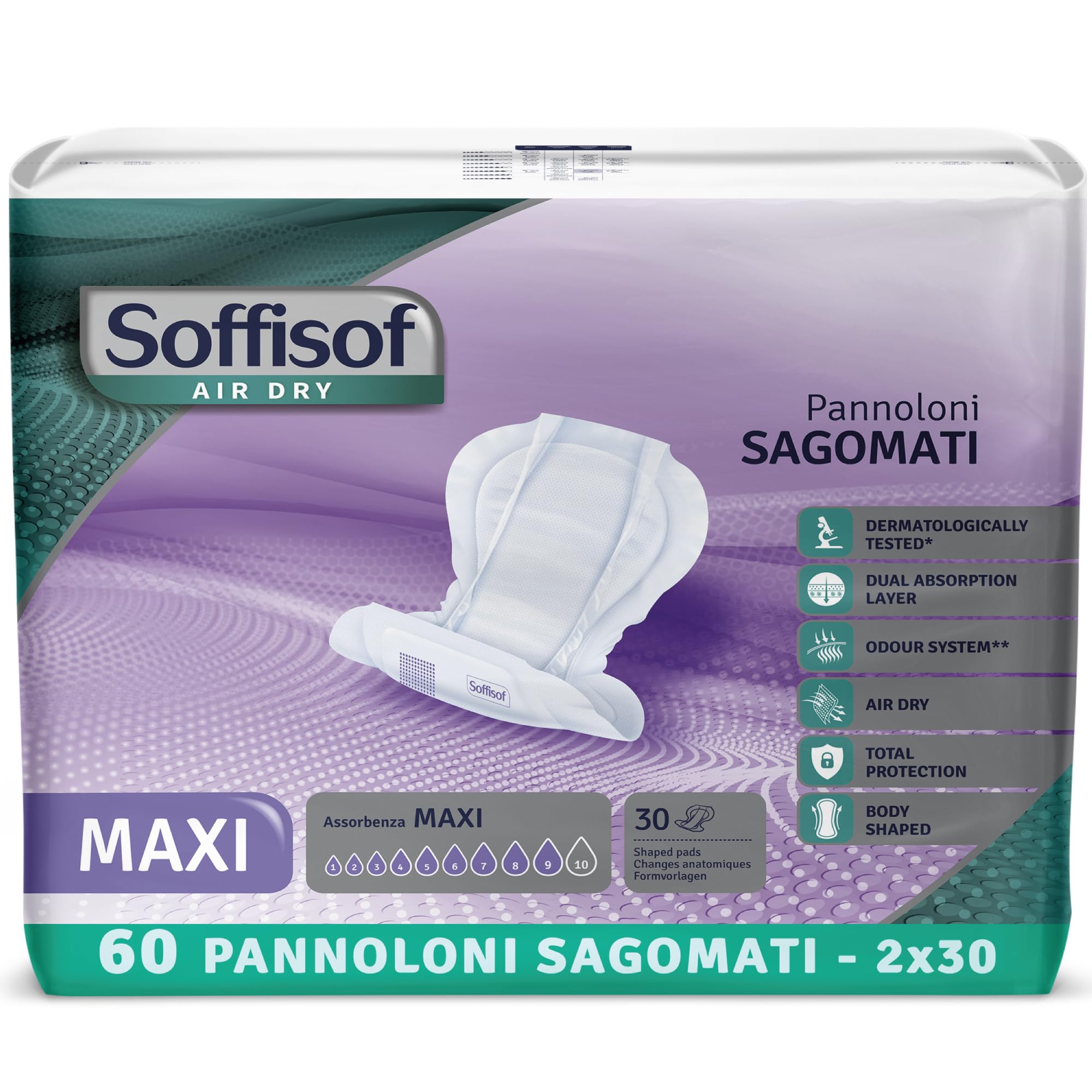 Soffisof Air Dry Pannoloni Sagomati Maxi - 60x Pannoloni per Anziani - 2 Confezioni da 30 Pezzi, Assorbenza fino a 9 Gocce - Ausili Incontinenza Uomo e Donna