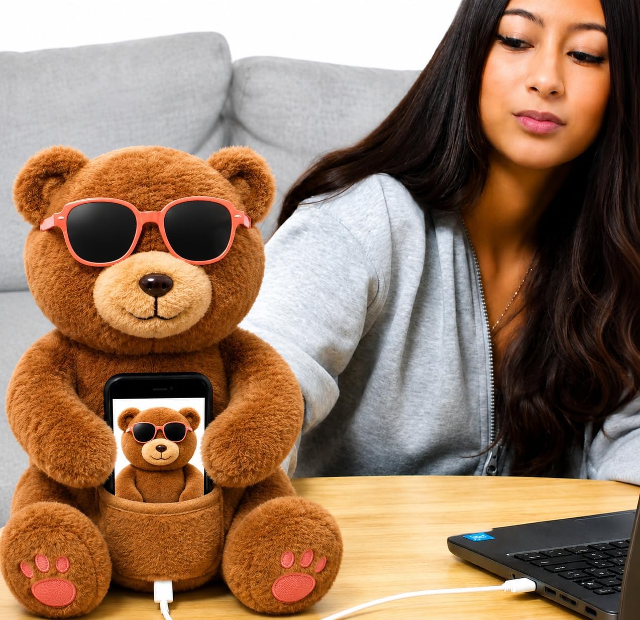 Plush Wireless Phone Charger for Kids & Teens, Bear | Cute Stuffed Animal Charging Pocket, USB-C Powered Wireless Charging Pad, Compatible with Most Smartphones