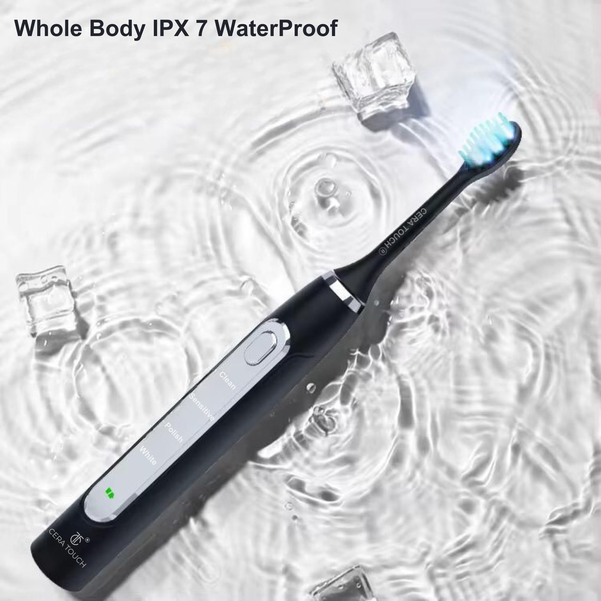 CERA TOUCH Elektrische Zahnbürste mit 6 blauen LEDs, elektrische Zahnbürste für Erwachsene, 4 Modi mit Smart-Timer, Plaque-Entfernung und Memory-Funktion, 2 Köpfe, IPX7 wasserdicht, Reiseetui