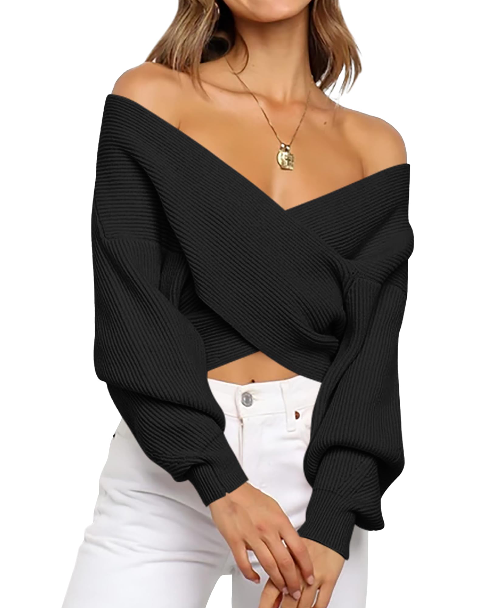 BTFBM Off The Shoulder Sweater for Women Winter Fall Fashion 2025 V Neck Long Sleeve Ribbed Knit Wrap