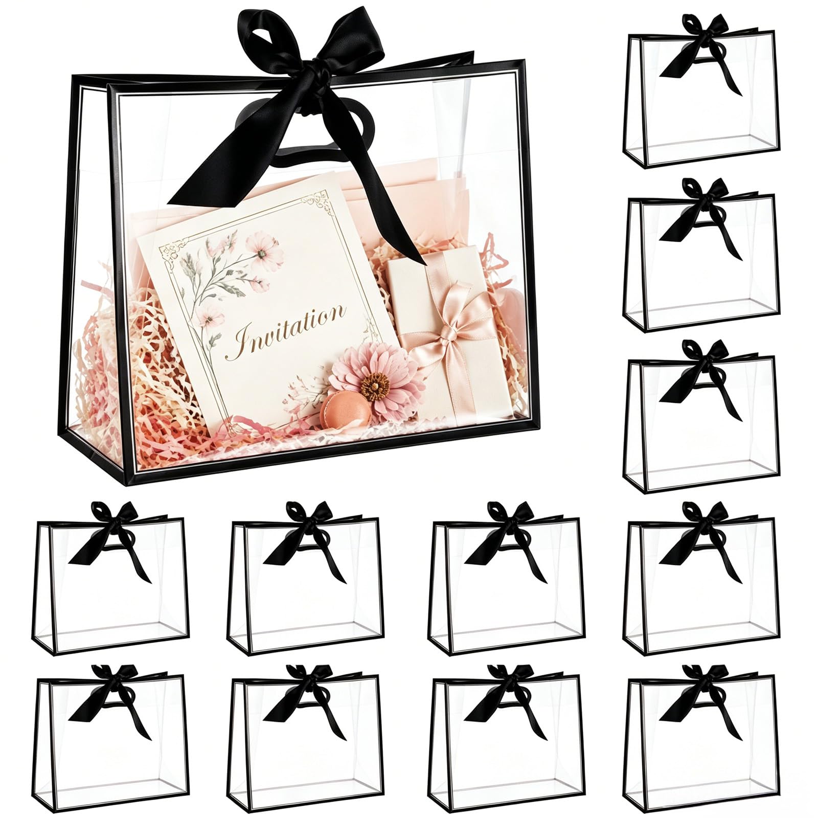 FERNVALE 12 Pack Large Gift Bags with Ribbon, 31x25x13cm Paper Present Bags with Sturdy Handles for Birthday Wedding Baby Shower Party Favor Corporate Gifts (Black)