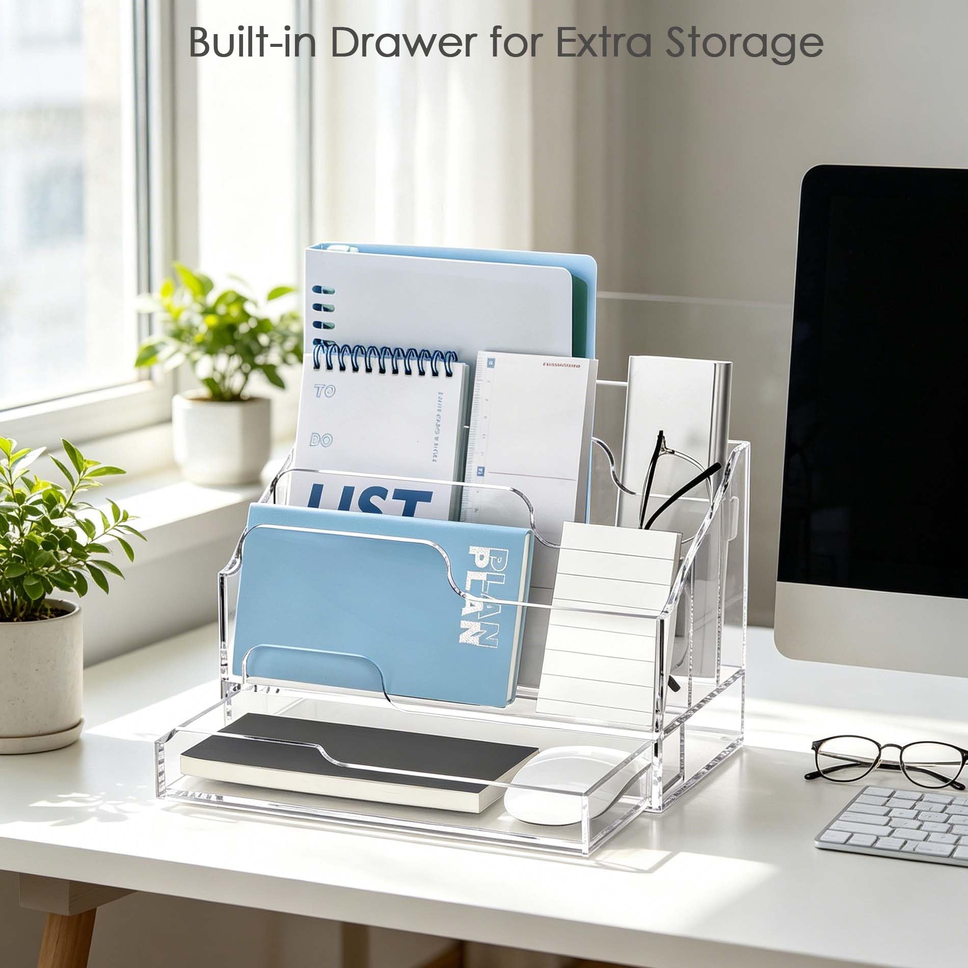 Organizer per posta in acrilico trasparente con cassetto, 4 scomparti, organizer da scrivania per cartelle Manila, forniture per ufficio, banconote e lettere, elegante portaoggetti da tavolo per casa