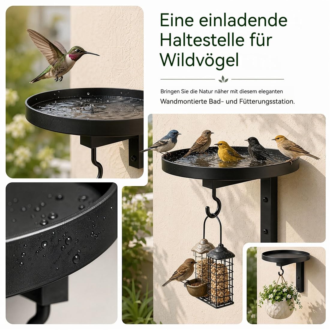 Vogeltränke Zum Aufhängen, Vogeltränke Metall mit Futterhaken, Vogelfutterstation Zum Aufhängen,Birds Water Bowl, Tray Birdbath for Garden Balcony Deck Patio Decor (3PCS)