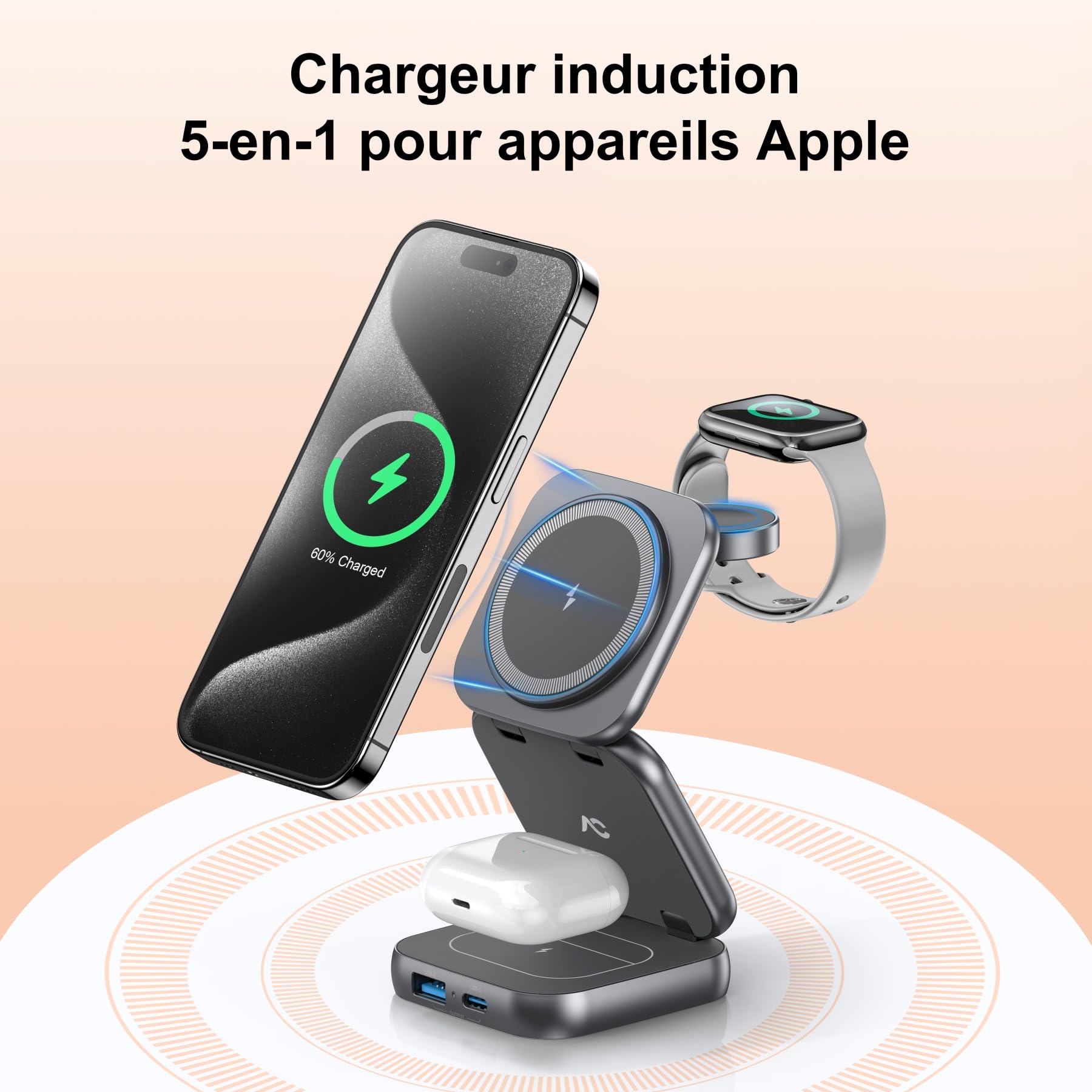 AC Island Chargeur Induction iPhone Compatible avec Mag-Safe, 5 en 1 Chargeur Rapide sans Fil pour séries iPhone 17/16/15/14/13/12, Apple Watch, AirPods, Station de Chargeur Pliable (Gris)