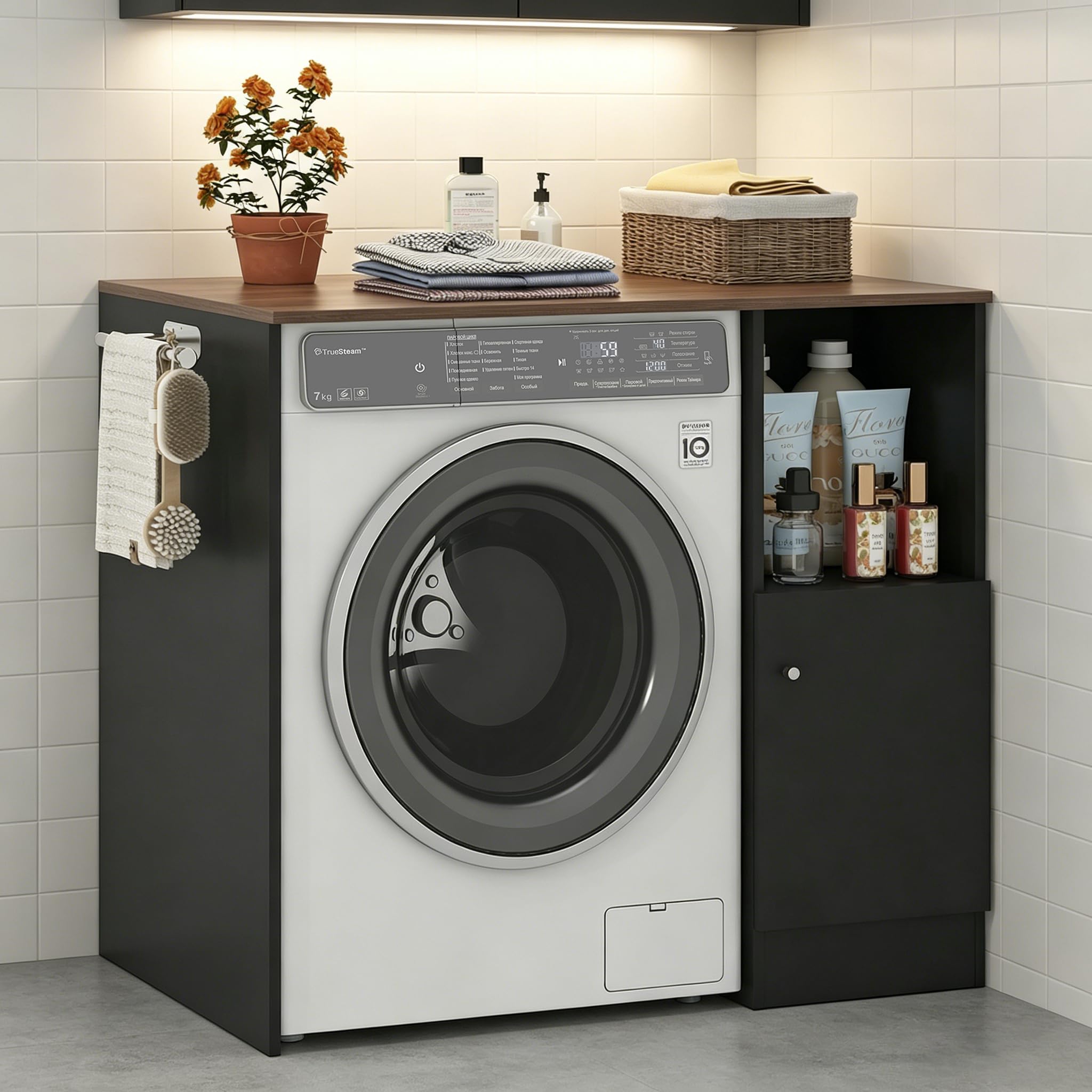 Waschmaschinenschrank | Überbauschrank für Waschmaschine & Trockner | Platzsparender Badezimmerschrank mit Schrankfach, offenem Fach & Seitenstange | Waschmaschinenregal (Grau)
