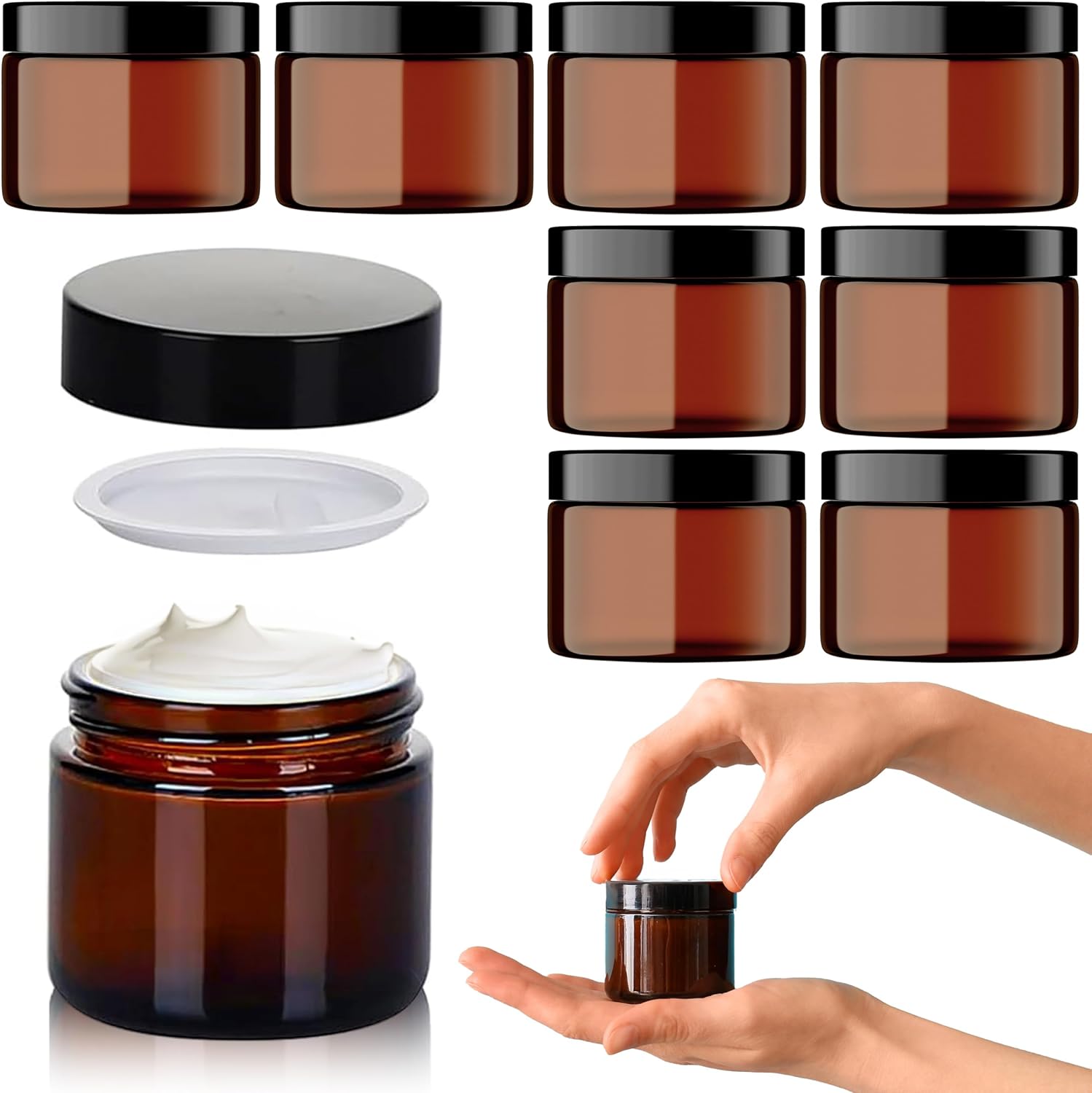 Amber Glass Jars - 8 Pack (60ml) Glass Jars with Lids - Brown Travel ...