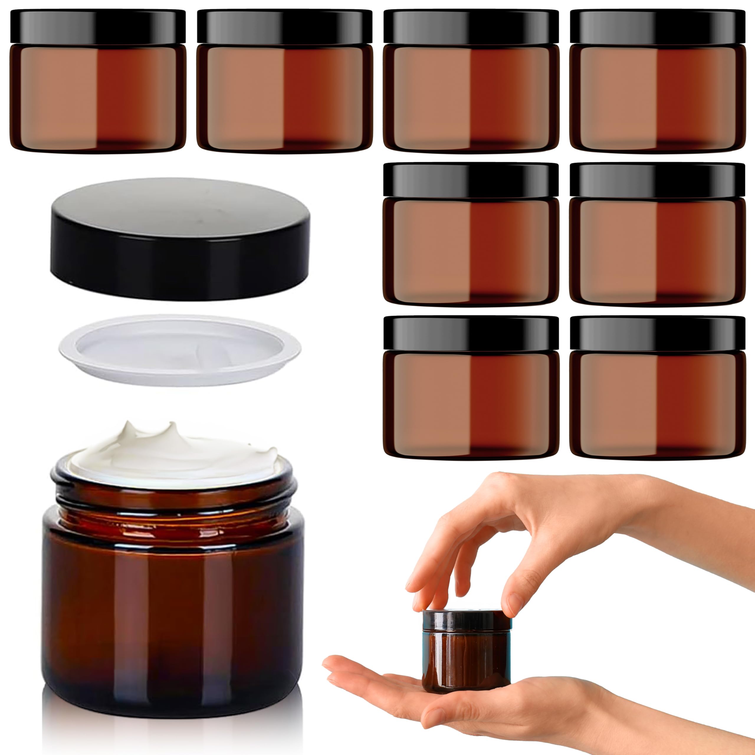 Amber Glass Jars - 8 Pack (60ml) Glass Jars with Lids - Brown Travel ...