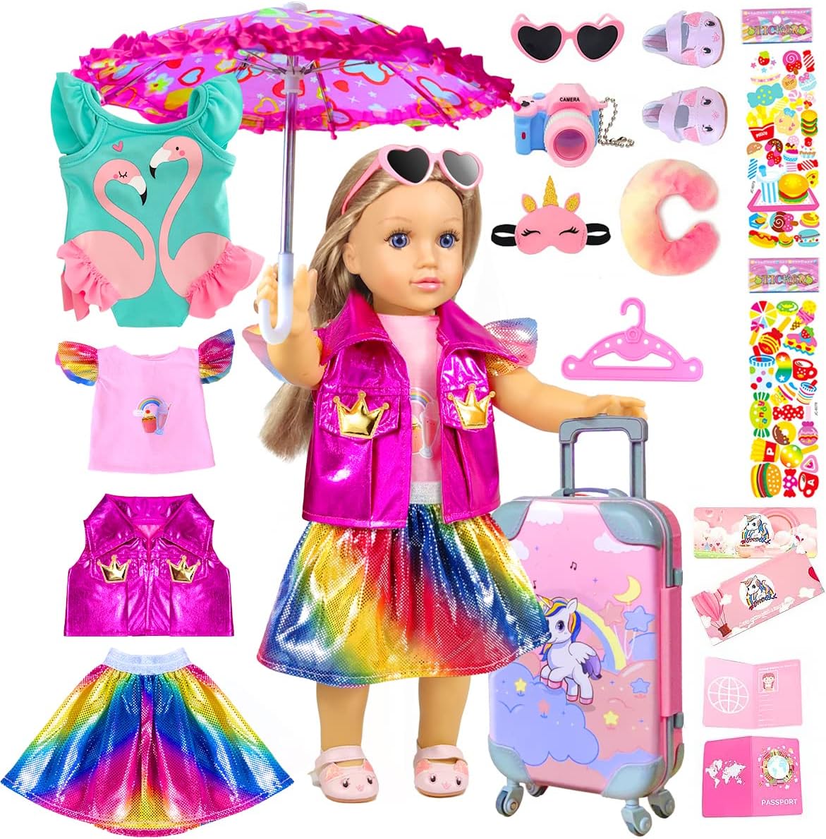 18-inch-Doll-Clothes and Travel Suitcase Play Set Accessories - Including Luggage, 2 Sets of Doll-Clothes and Shoes, Umbrella Sunglasses Camera Travel Pillow Blindfold Passport Tickets