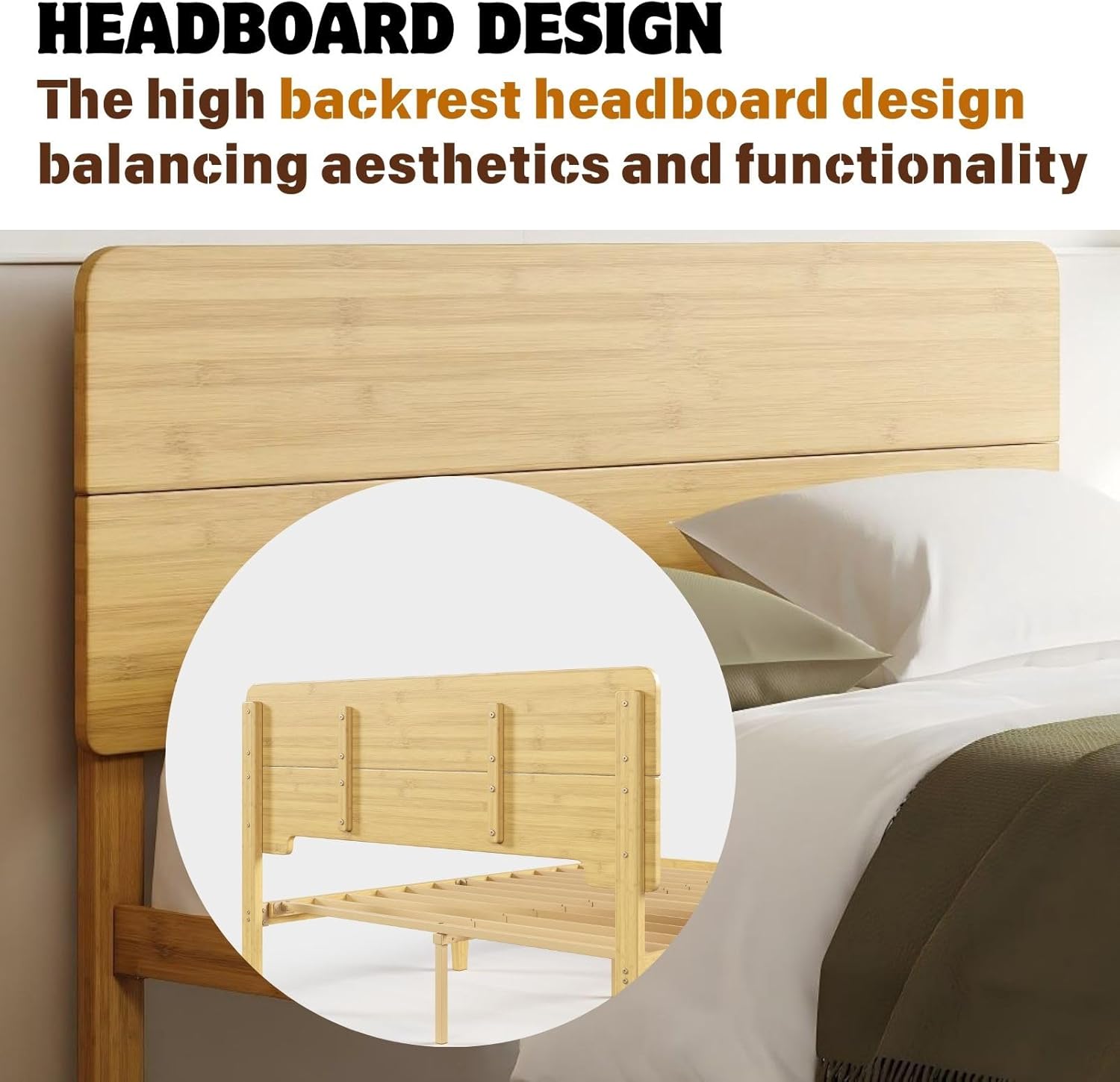 14 Inch Solid Bamboo Wood King Size Bed Frame with Headboard, Platform Bed Frame King with Metal Slats, No Box Spring Needed, Easy Assembly, Noise-Free, Natural
