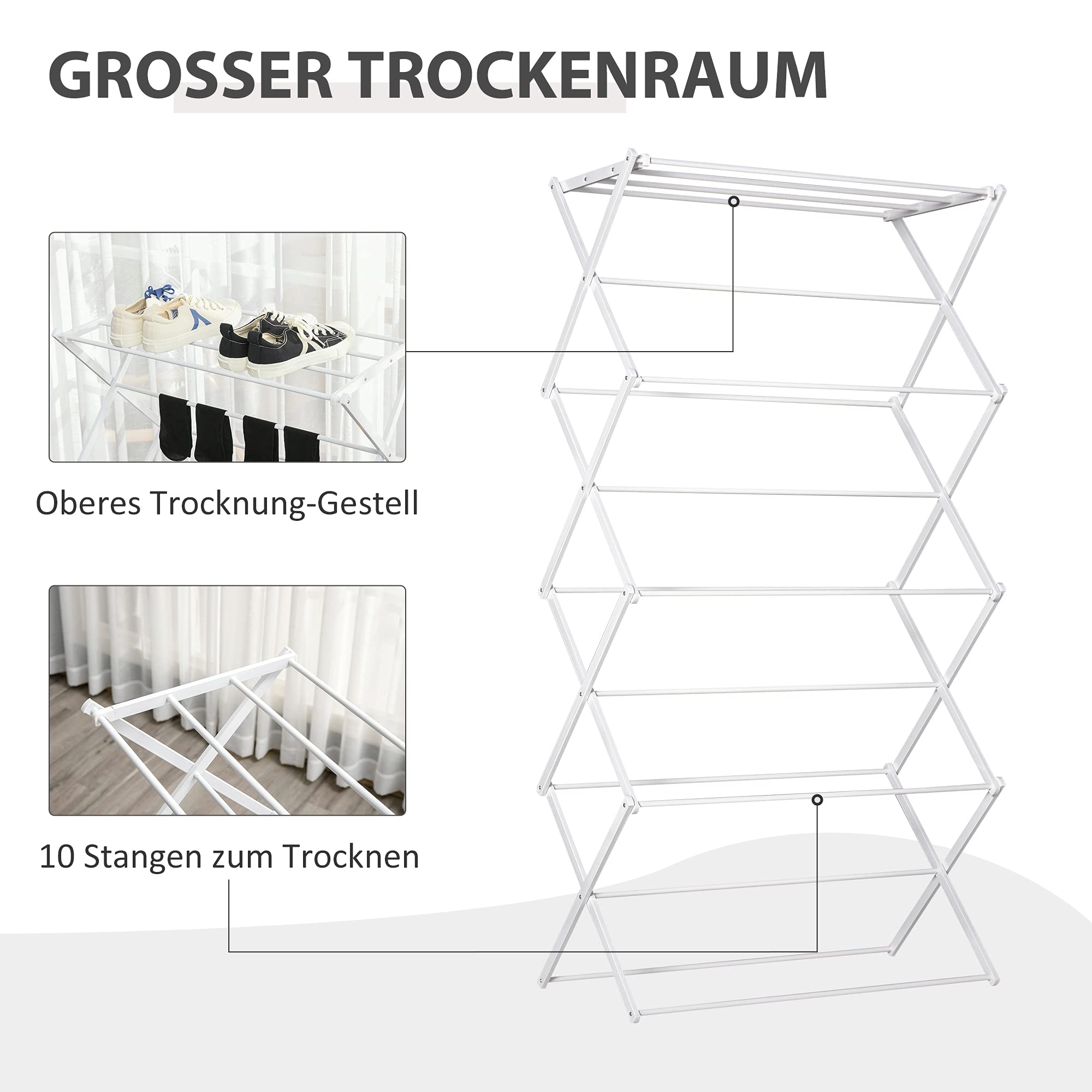 HOMCOM Stendibiancheria pieghevole a torre 74x35x144cm Bianco | Stendibiancheria a torre 8 livelli, metallo e plastica, supporto per asciugatura