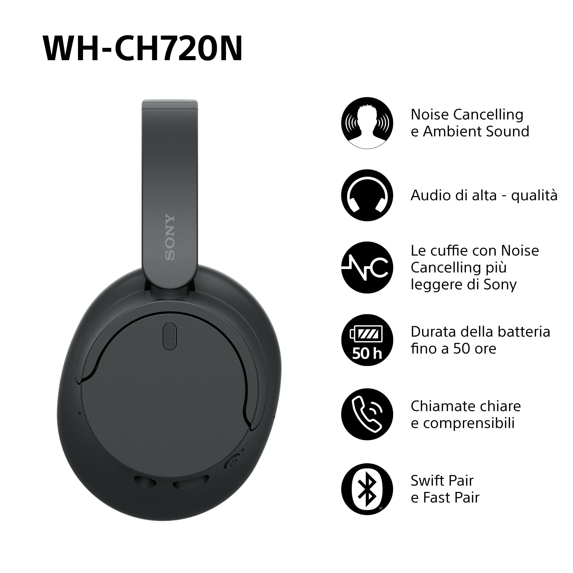Sony WH-CH720N Cuffie Wireless Noise Cancelling Multipoint 35h Batteria Ricarica Rapida Nero