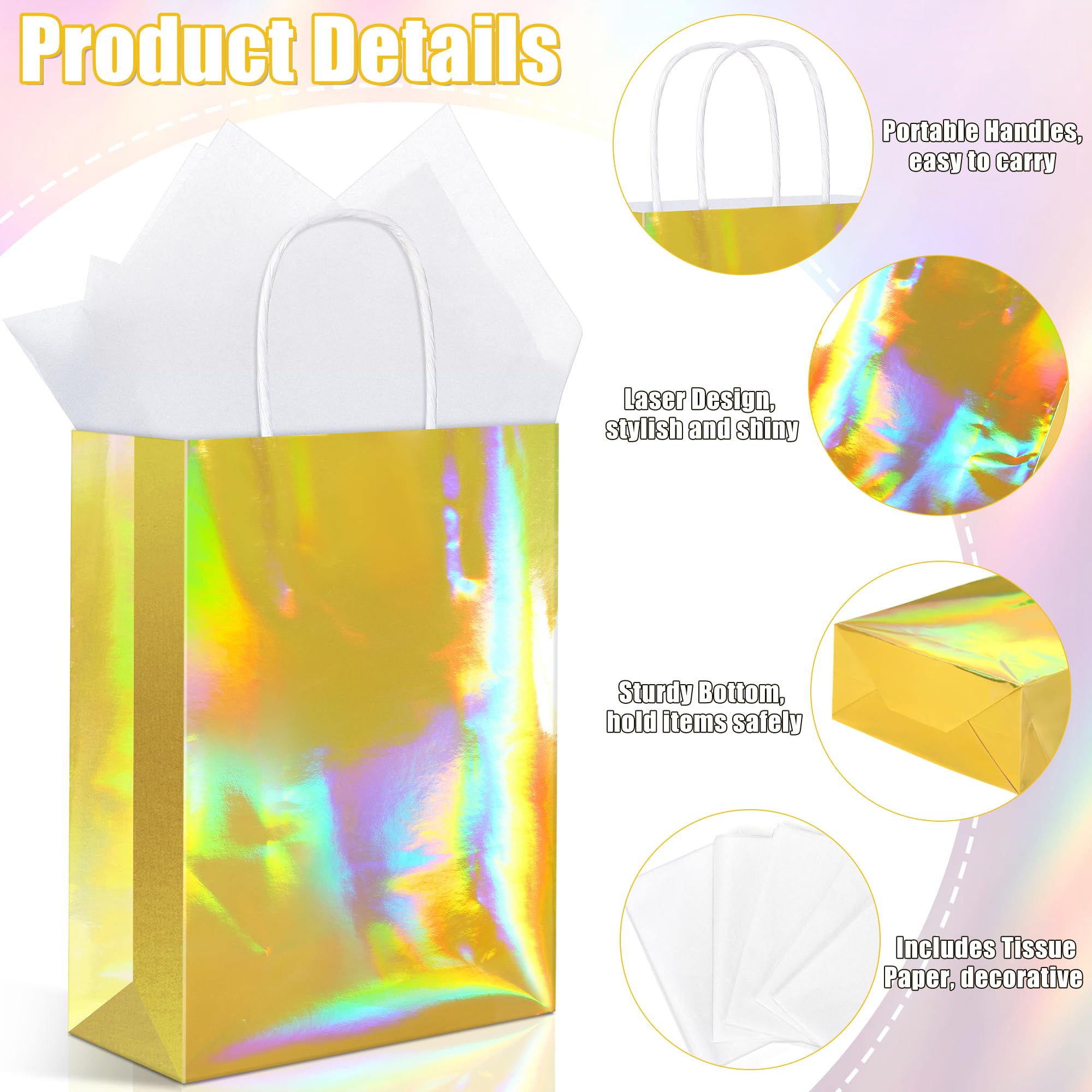 MIMIND 24 Pack Iridescent Paper Gift Bags with Handles Holographic Party Favor Bags with Tissue Paper 8.7 x 6.3 x 3.1 Inch Glitter Gold Foil Goodie Candy Bag for Wedding Baby Shower Birthday Party