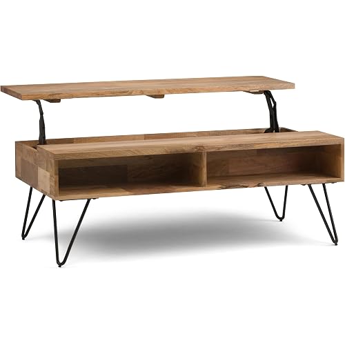 SIMPLIHOME Hunter Lift Top Coffee Table - 48 inch Wide Solid Mango Wood and Metal Industrial Cocktail Table in Natural, Functional Living Room Table with 2 Storage Cubbies and Hairpin Legs