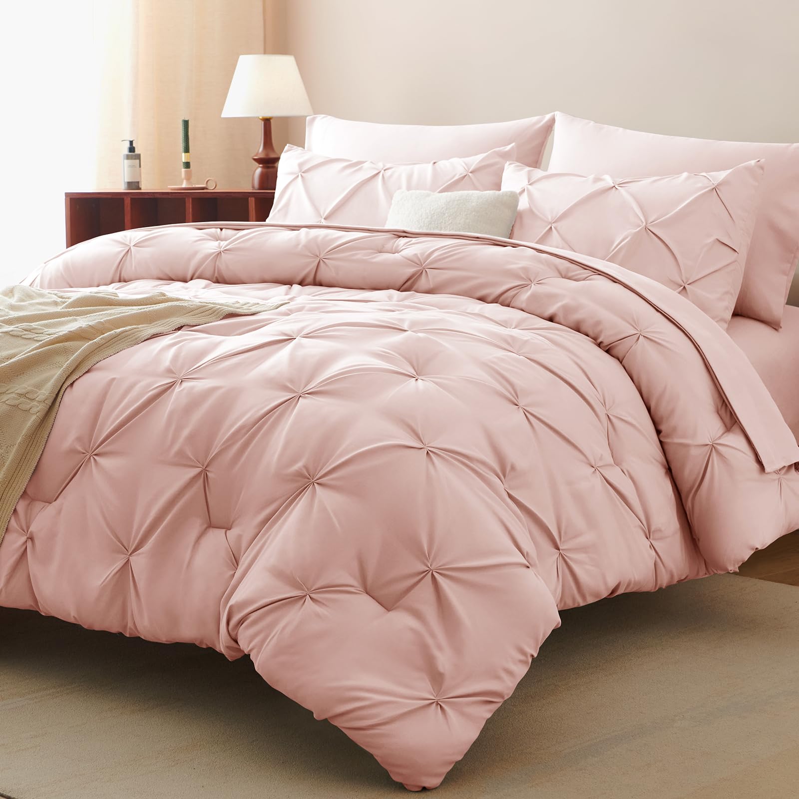 HIMEET Queen Comforter Set 7 Pieces Bed in A Bag Pink Luxury Soft Queen Size Bed Set Pintuck Pinch Pleat Bedding Sets with Comforter, Flat Sheet, Fitted Sheet and Pillowcases & Shams