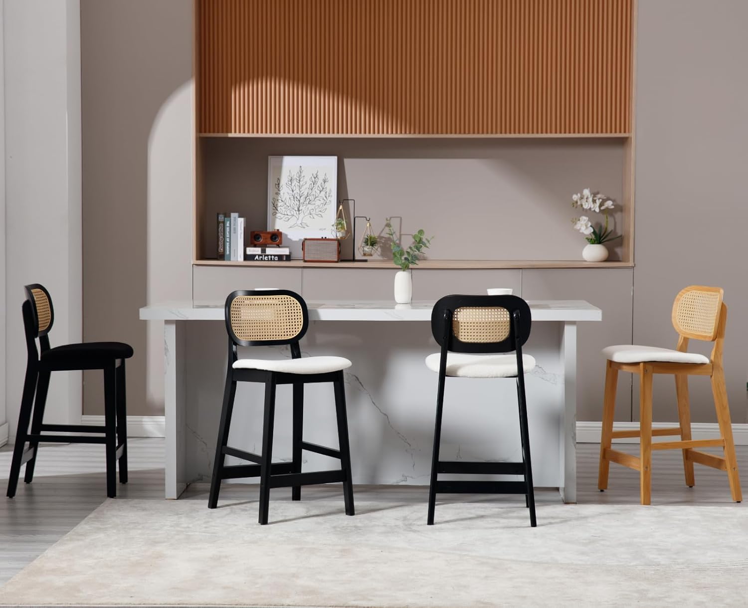 Rattan Counter Height Bar Stools Set of 4 Upholstered Farmhouse Barstools with Cane Back Boho Wood Kitchen Island Chairs Comfy Bar Chairs for Pub/Home Bar, Linen Beige