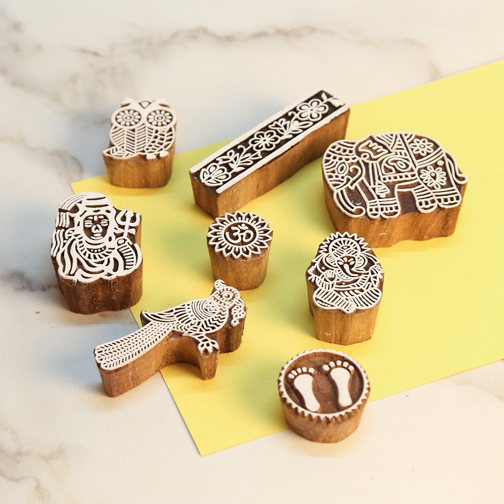 Craftbell (Set of 8) Mughal Pattern Hand Carved Wooden Printing Stamp