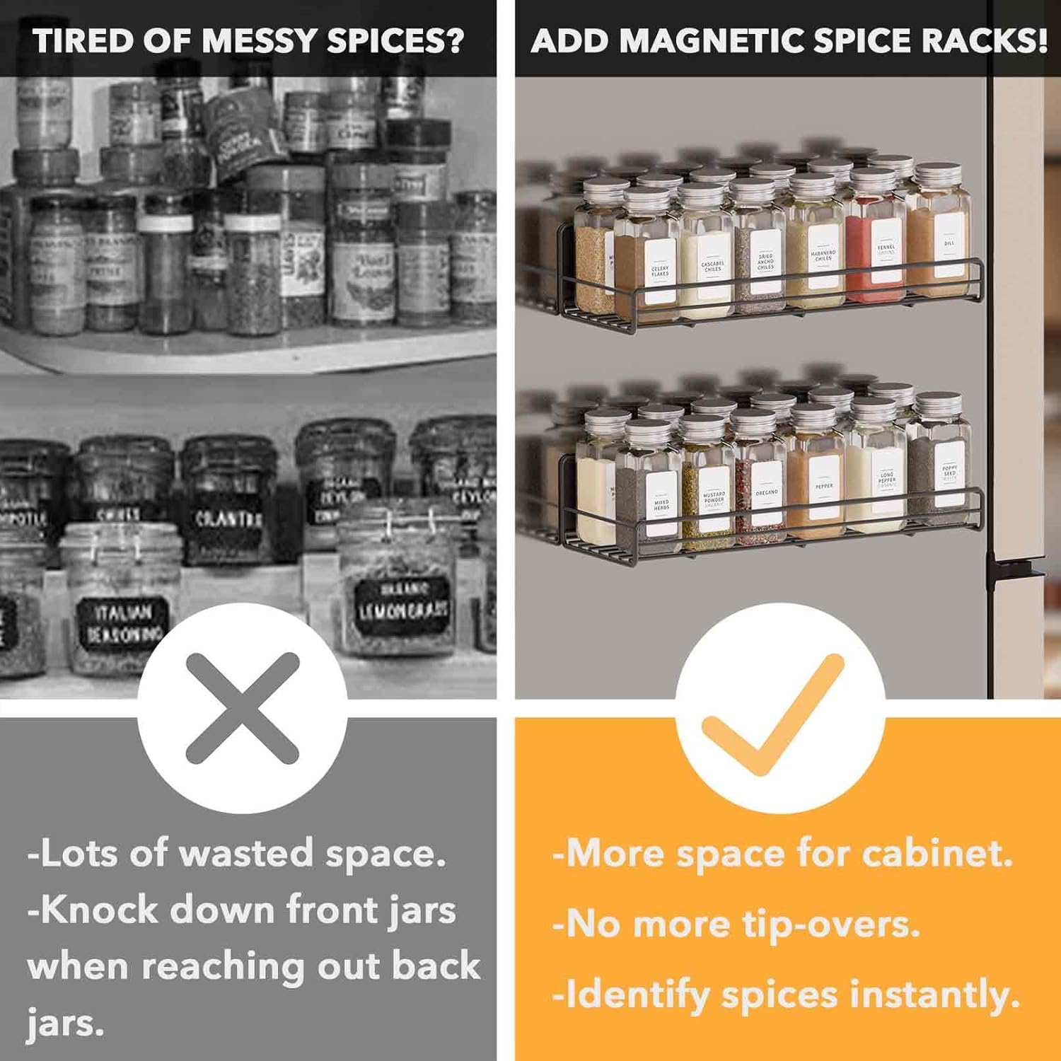SpaceAid 2 Pack Magnetic Spice Rack with 24 Spice Jars, 400 Labels and Funnel, Space Saving Refrigerator Fridge Oven Shelf Organizer - Image 2