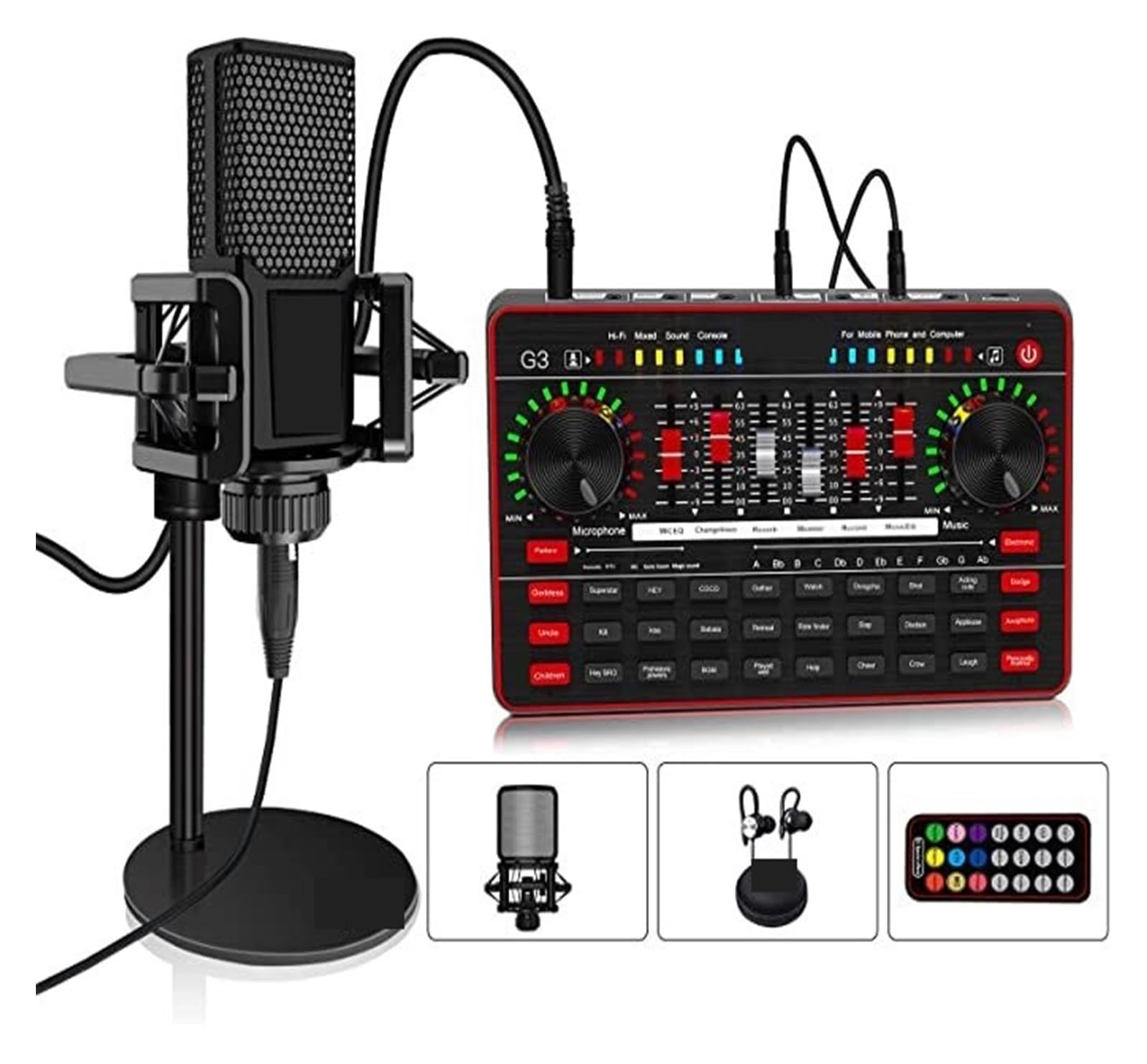 Sprzęt do podcastów, Karta dźwiękowa Mikrofon Audio Zestaw słuchawkowy USB Transmisja internetowa Interfejs karty dźwiękowej na żywo Zewnętrzna karta dźwiękowa USB do śpiewania(G3 With L9 Black)