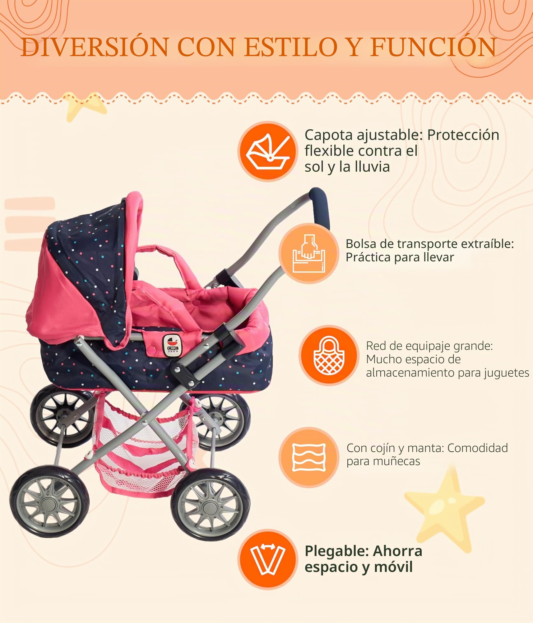Bayer Chic 2000 - Cochecito de muñecas Smarty, pequeño Cochecito para niños a Partir de 2 años, Cochecito de Juguete, Confeti, Color Rosa
