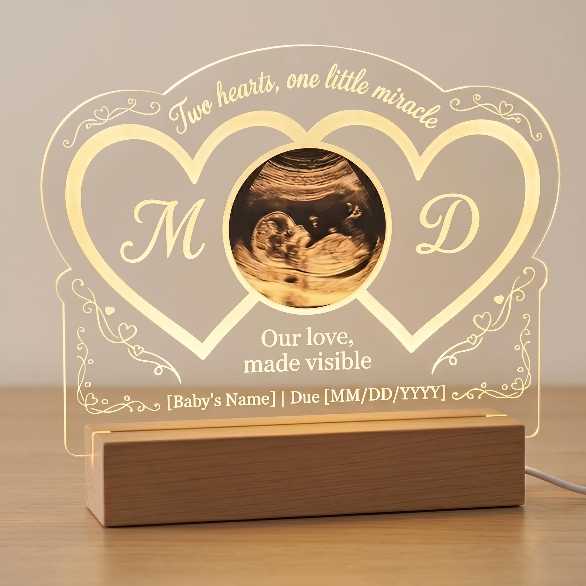 EternalEcho Double Heart Baby Scan Photo Frame Pregnancy Keepsake, Acrylic Ultrasound Picture Plaque, Gifts for Expecting Parents, Mum and Dad to Be Nursery Decor (Wood Base)