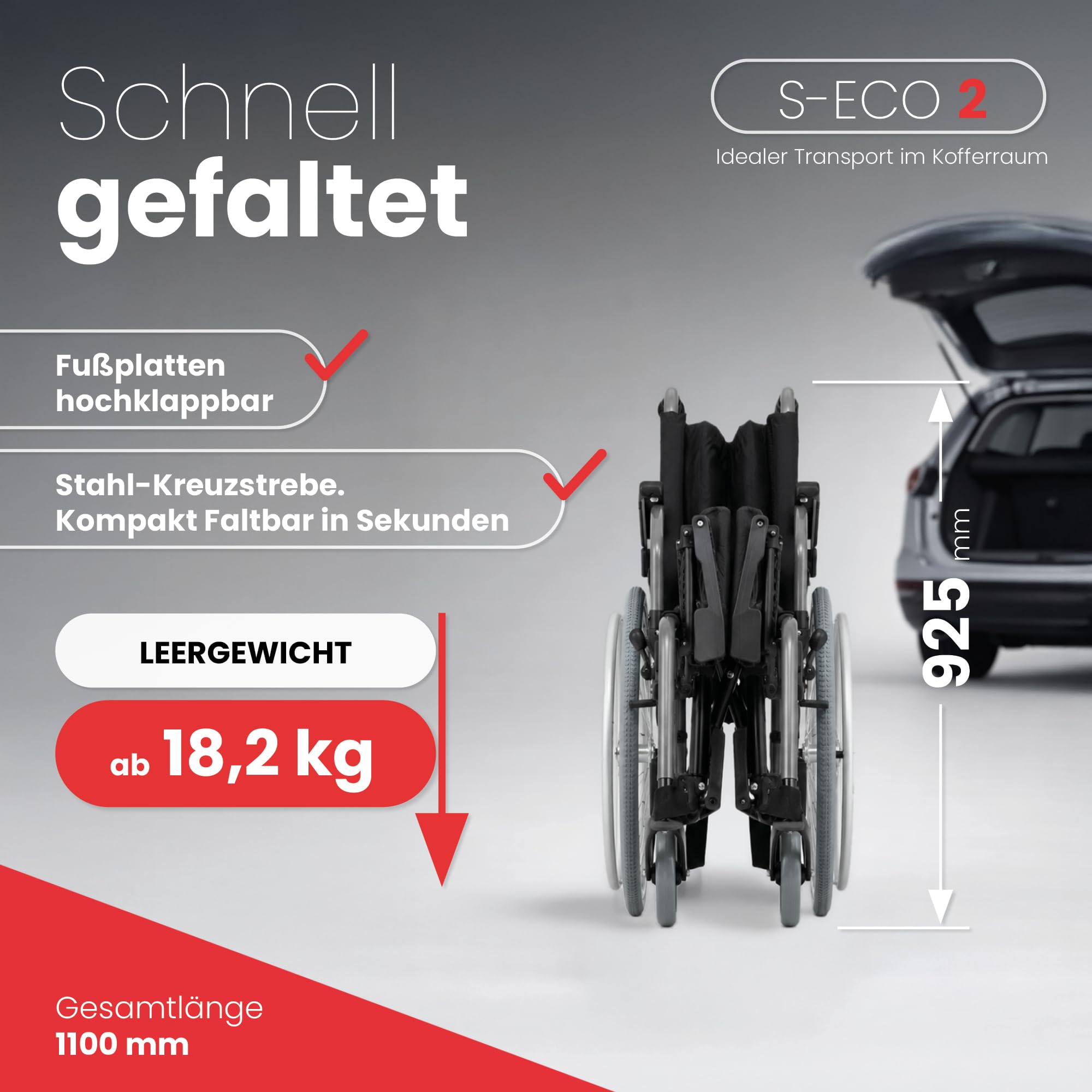 Bischoff & Bischoff® S-Eco 2 Rollstuhl faltbar leicht [52cm Sitzbreite] fixe Sitzhöhe - Klappbarer Reiserollstuhl, Kunststoff-Gabel, Duo-Armlehnen, Wohnung & Unterwegs