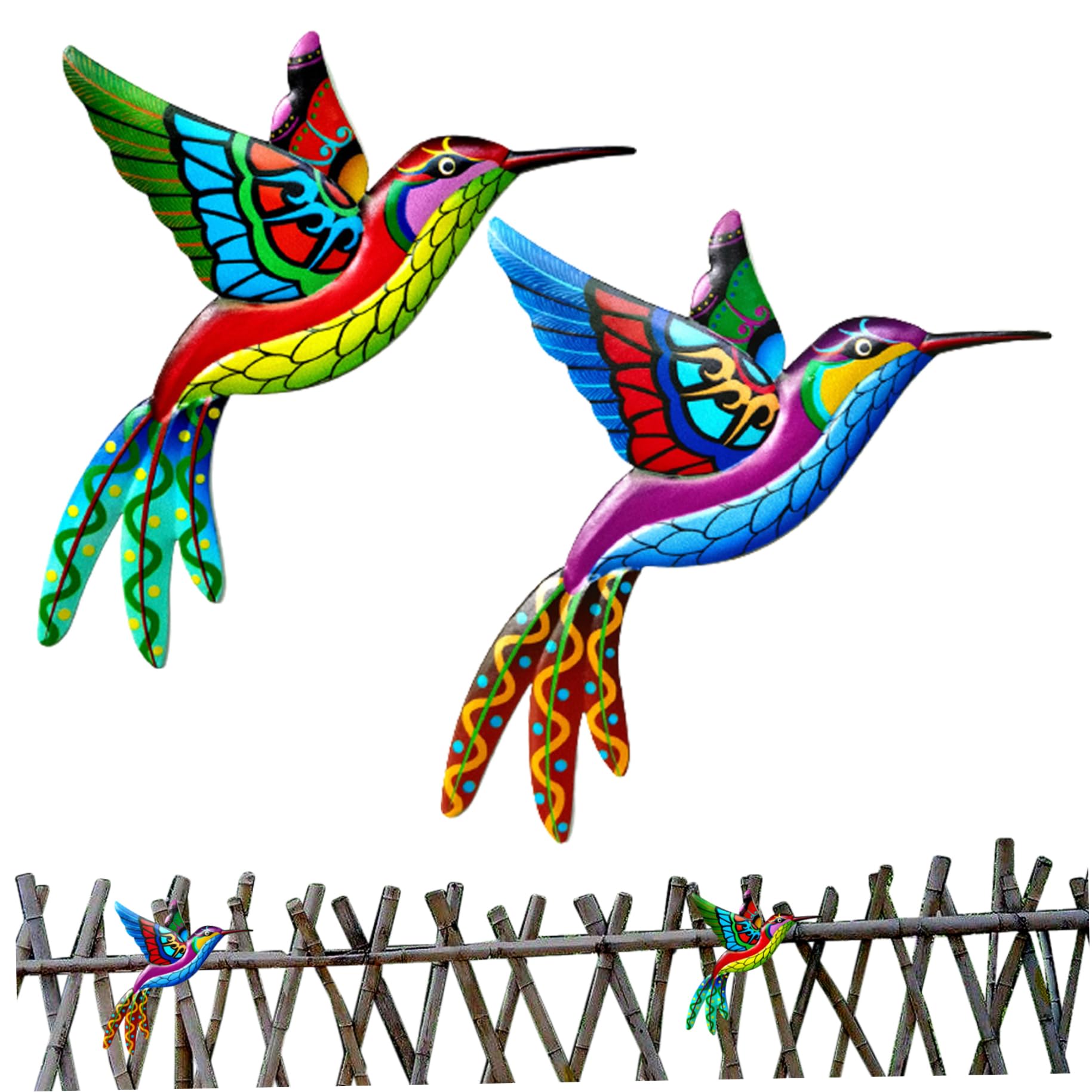 CAKEEYUM 2PCS Garden Wall Art Metal Hummingbird Wall Art Decor Iron Hummingbird Sculptures Colorful Bird Ornaments Bird Garden Fence Decorations gardening