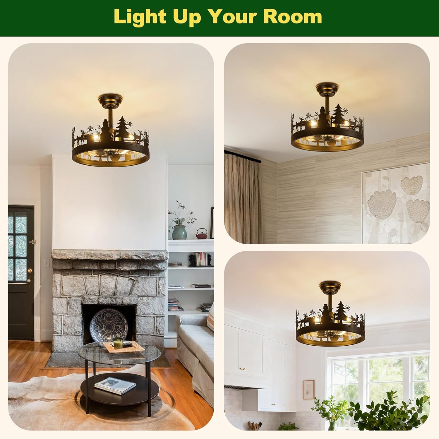 Farmhouse Rustic Ceiling Fan with Light, Black Caged Ceiling Fan with Deer and Snowman Design, Vintage Chandelier Ceiling Fan for Bedroom Living Room Kitchen