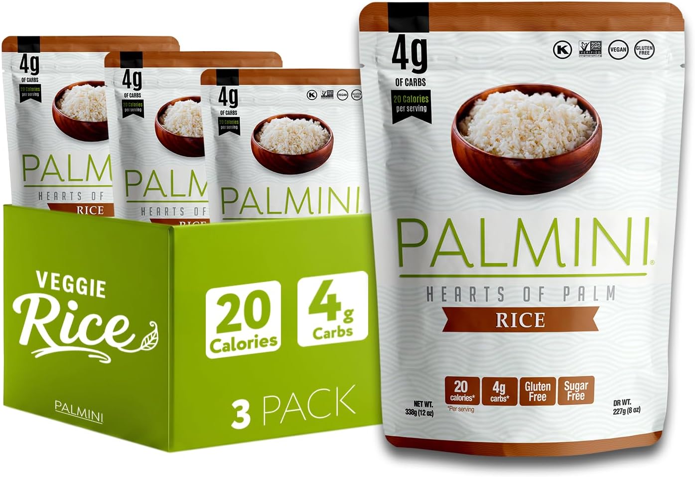 Palmini Rice | Low-Carb, Low-Calorie Hearts of Palm Rice | Keto, Gluten Free, Vegan, Non-GMO | As seen on Shark Tank | (12 Ounces Pouches - Pack of 3)