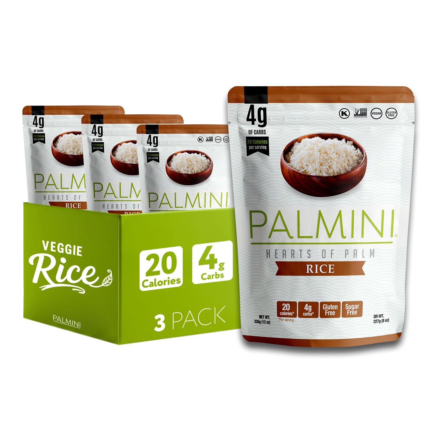 Palmini Rice | Low-Carb, Low-Calorie Hearts of Palm Rice | Keto, Gluten Free, Vegan, Non-GMO | As seen on Shark Tank | (12 Ounces Pouches - Pack of 3)