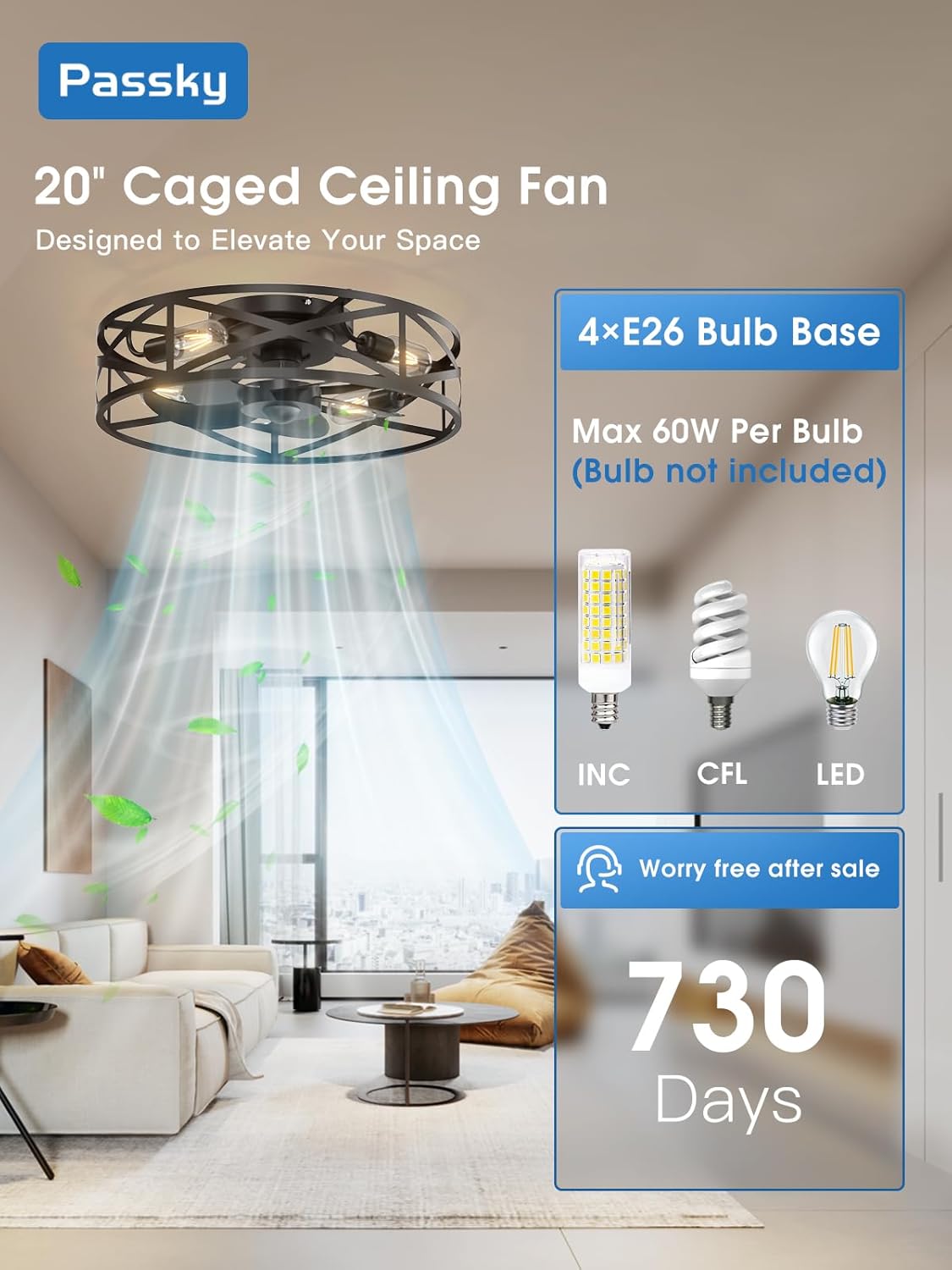 Black 20 Fandelier Ceiling Fan with Light, Caged Bladeless Ceiling Fans with Remote, Farmhouse Flush Mount Fan for Bedroom, Kitchen, Living Room, Black