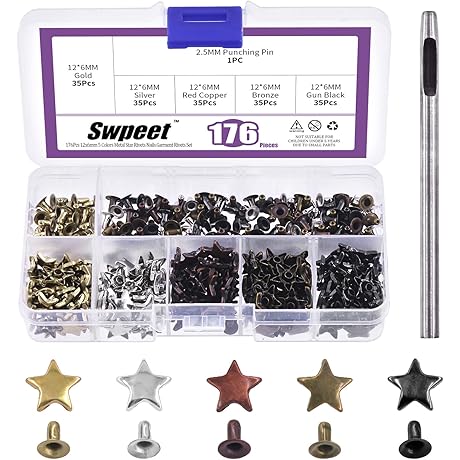 Swpeet Silver Star Black Rivets Studs - Durable Stellar Spikes for Leathercraft!