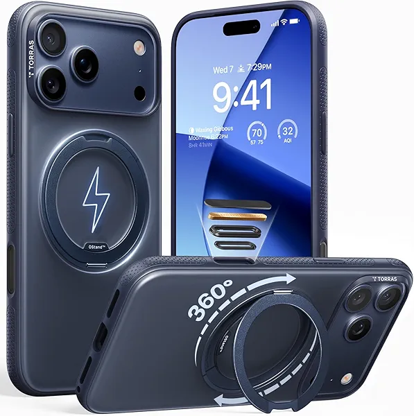 TORRAS 360 Magnetic Stand for iPhone 17 Pro Case, Ostand 3.0 [Fit for MagSafe][4X Mil-Grade Shockproof] Rotatable Kickstand Protective Cover, Camera Control Button, Translucent Deep Blue, O3 Fitness