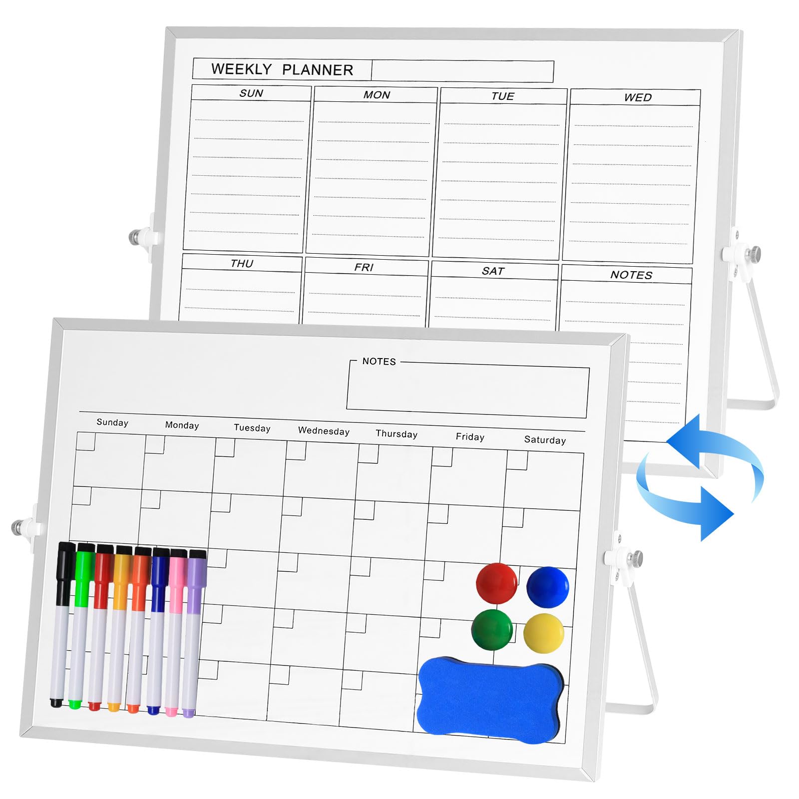 Dry Erase Whiteboard with Stand,Double-Sided Monthly and Weekly Planner Whiteboard,Magnetic White Board Comes with 10 Markers, 6 Magnets, 1 Duster,for Home Office School (40x30 cm)