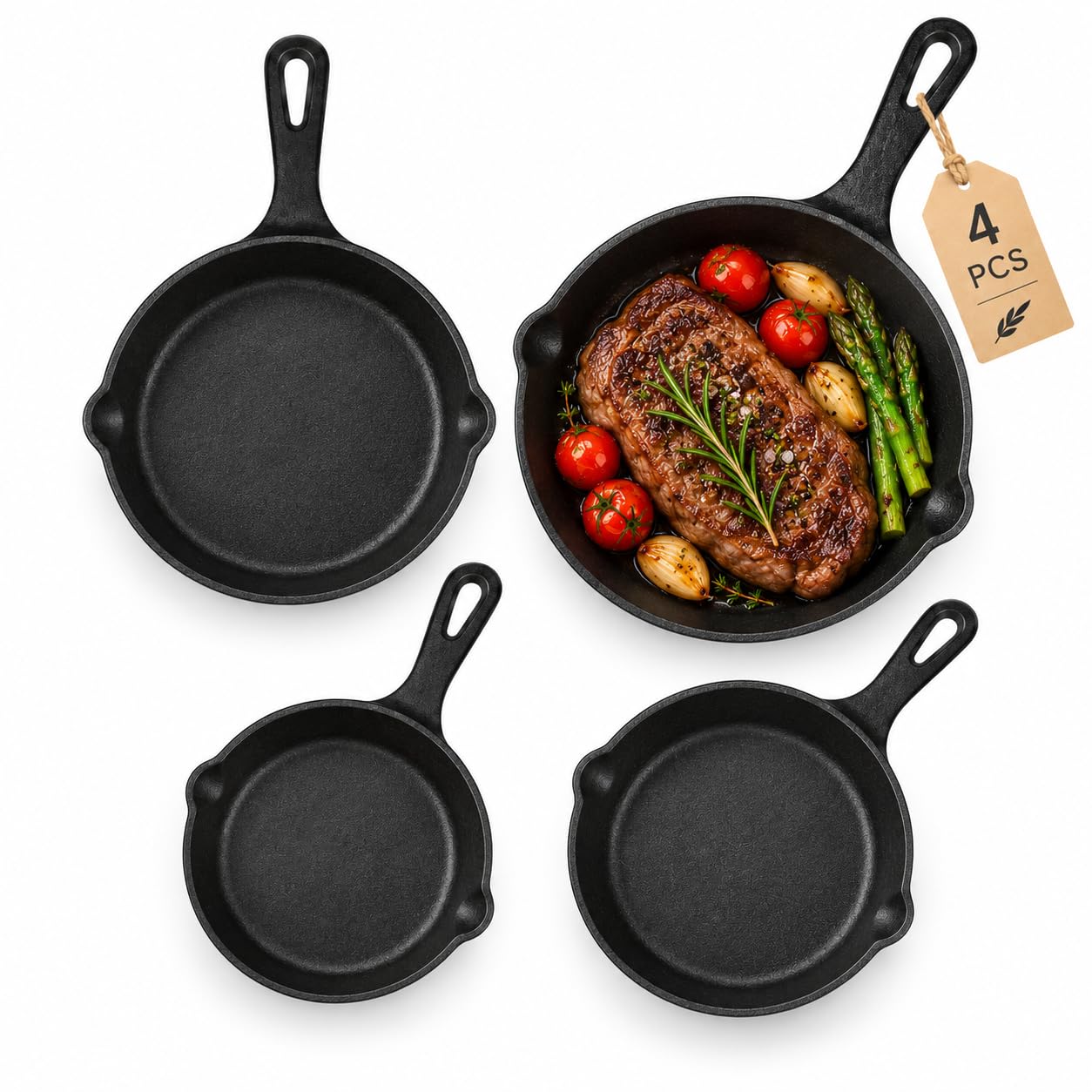 Ruspela Cast Iron Skillet Set 4-Pc 14/16/20/26cm Pre-Seasoned