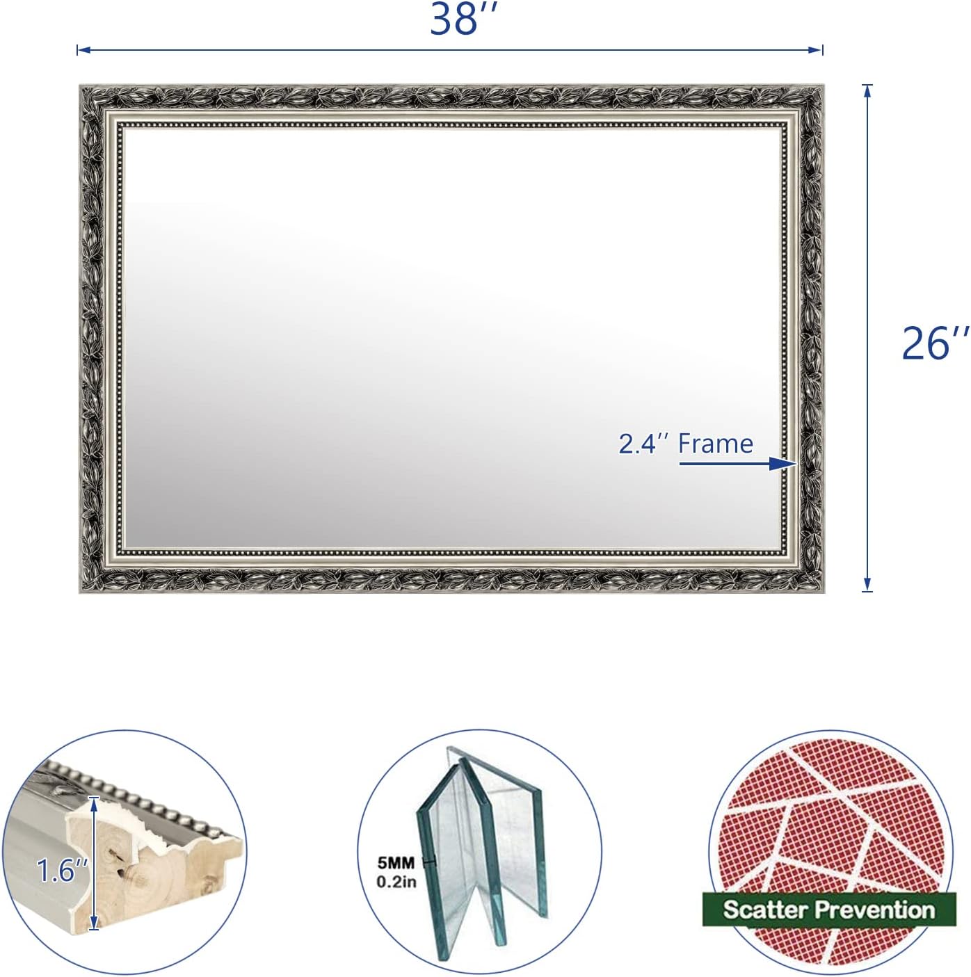 HAA Framed Rectangle Bathroom Mirrors for Wall,Wall Mounted Mirror Vertical or Horizontal Hanging for Living Room,Bedroom (40''x24'' Sliver), 10060