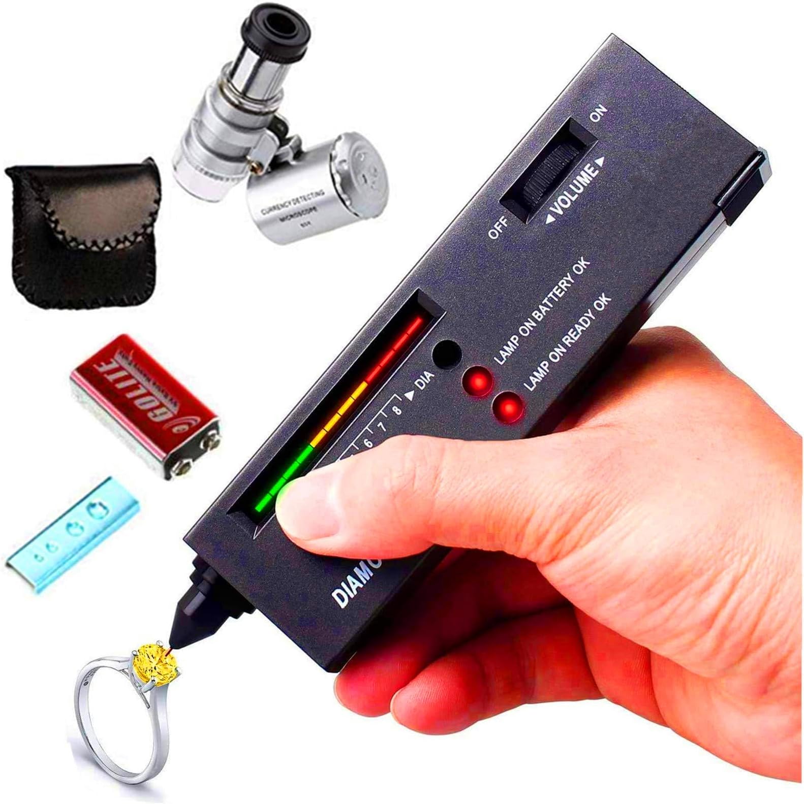 Molo Diamond Tester Pen + 60X LED Magnifying Glasses Jeweler Tool Kit Combo - Diamond Selector II 9V Battery Included