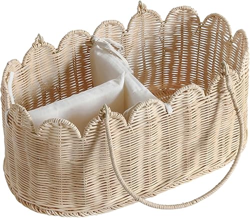 Miniatura 6 de Organizador de pañales de mimbre para bebé, cesta tejida de ratán festoneado con asa, carrito de bebé de mimbre para guardería (organizador de