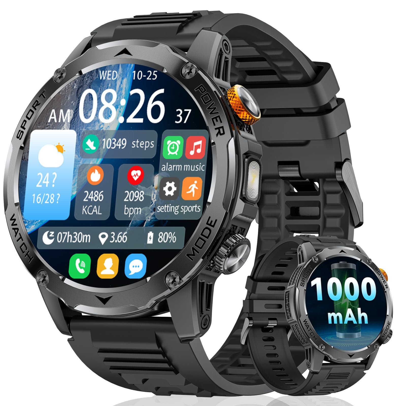 Smartwatch Herren Militär-1000mAh Akku/1.75'' HD Großes Display,Smartwatch mit Taschenlampe/130+ Sportmodi,IP68 Wasserdicht Fitnessuhr mit Herzfrequenz/Schlafmonitor,für Android iOS,2 Silikonband
