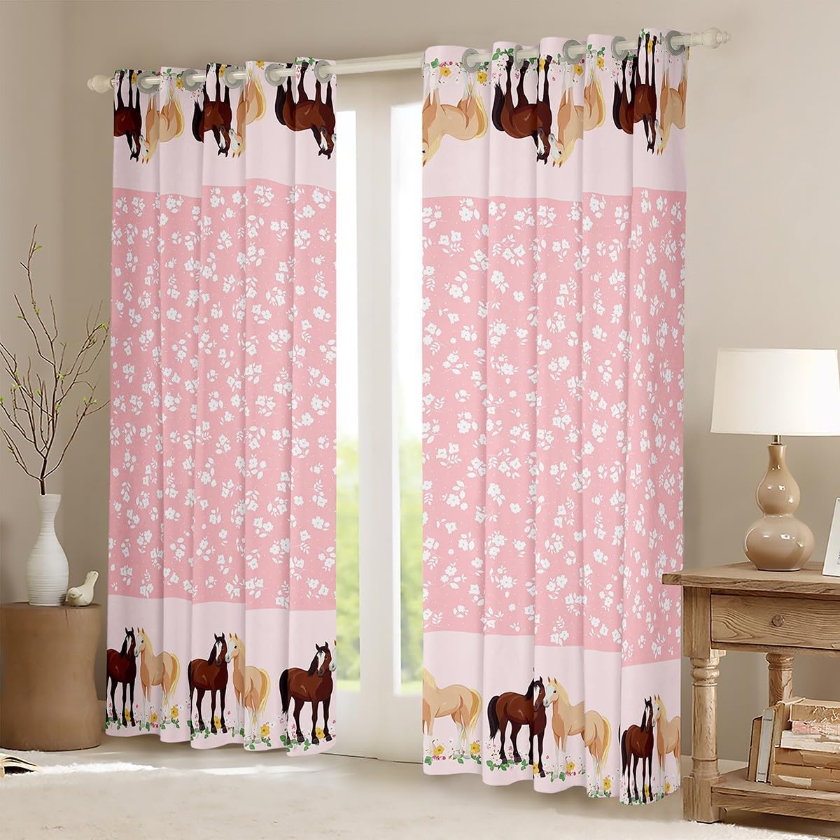 jejeloiu Kids Horse Curtain (2 Panels, 38 x 45 Inch) Cute Flower Blackout Shades Farmhouse Pink Room Darkening Curtain
