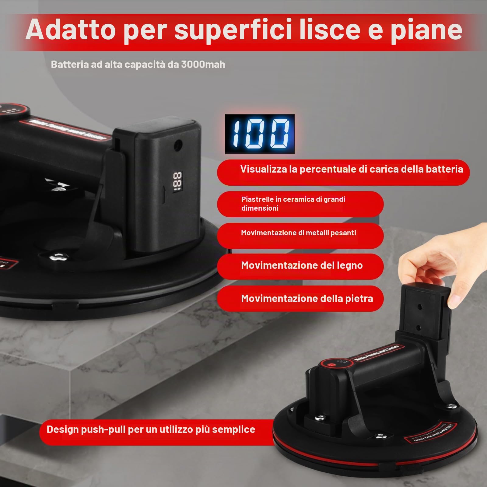 2 pezzi ventosa elettrica da 8" sollevatore per piastrelle a batteria con manometro, batteria x4, cassetta degli attrezzi, capacità di carico 200 kg, per il trasporto di acquari, piastrelle, vetro