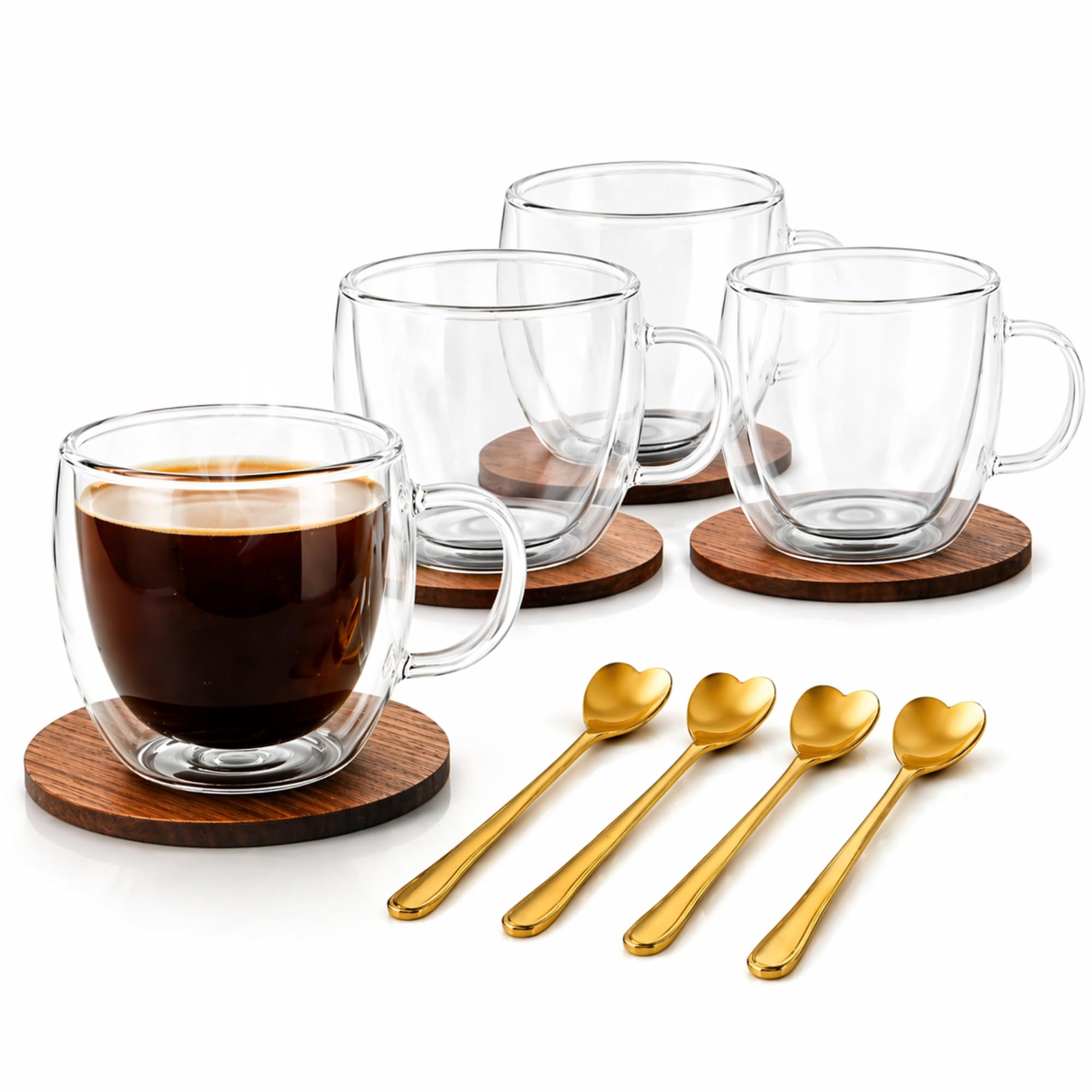 Kit 4 Xícaras Vidro Duplo Borossilicato 250ml Colheres e Bases Amadeiradas | Jogo de