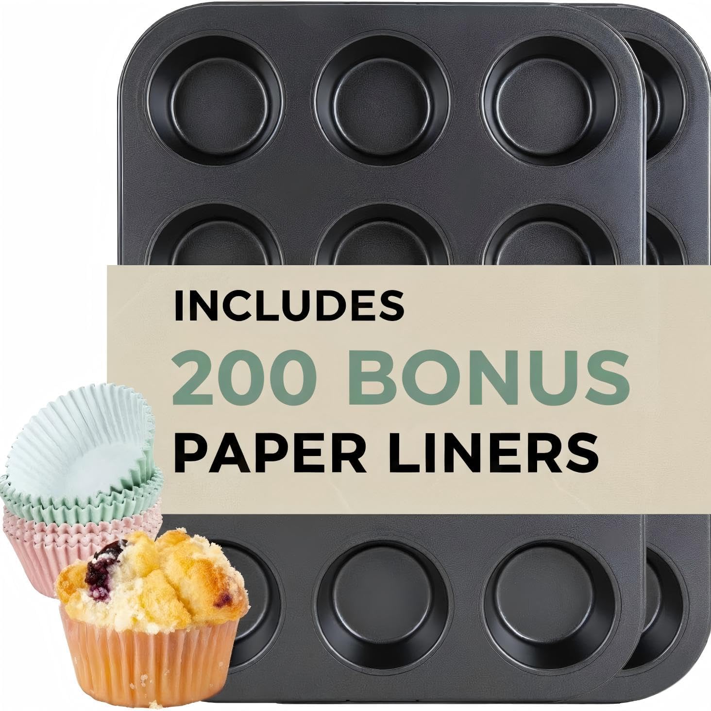 CARTMAN 2 Pack Muffin Pans with 200 Cupcake Liners, Nonstick 12-Cup Muffin Tins, Carbon Steel Cupcake Pans for Baking Muffins, Egg Bites, Brownies & More
