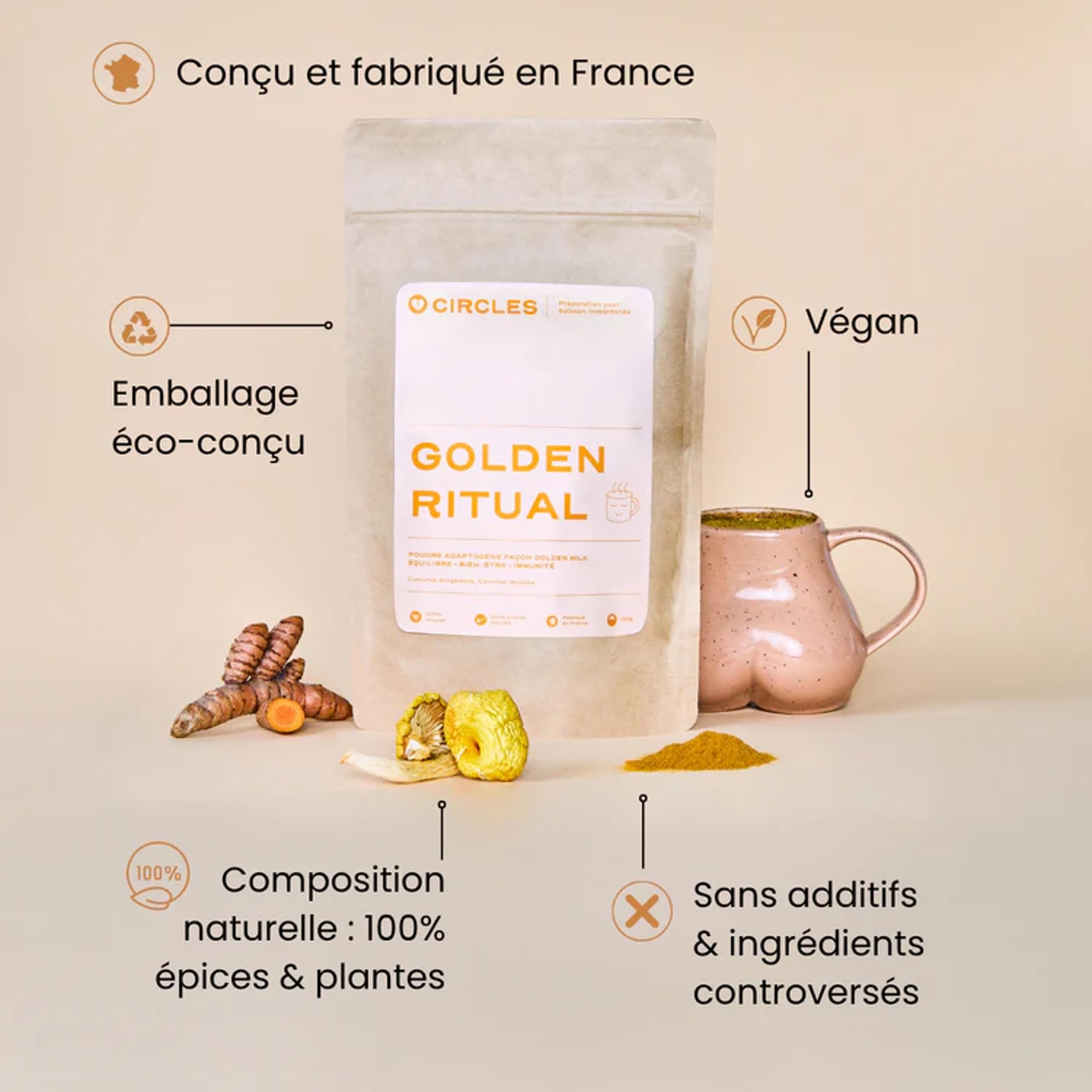 Golden Ritual – Curcuma, Gingembre, Maitake & Cannelle | Boisson adaptogène naturelle | Anti-inflammatoire, digestion, immunité | Golden Latte bien-être – 100 g (GOLDEN RITUAL)