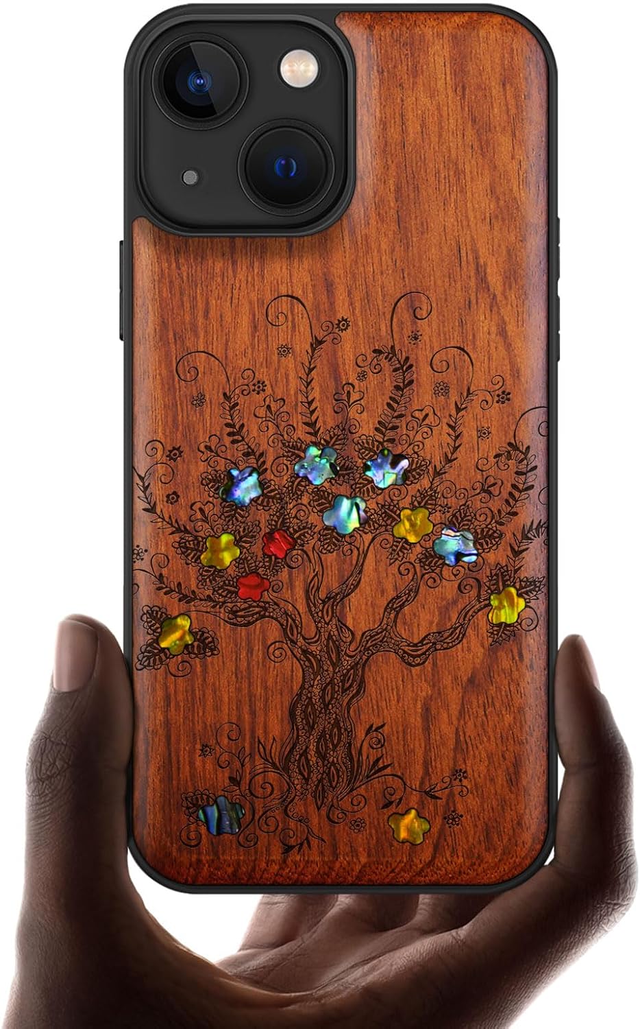 Carveit Designer Wooden Protective Case for iPhone 13 Mini Magnetic Cover [Wood Engraving & Shell Inlay] Compatible with 13 Mini MagSafe (Whispering Sakura Blooms-Cherry)