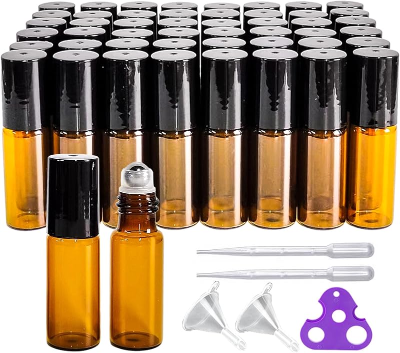 PYAWI 50 Frascos Roller de Vidro Âmbar de 5 mL com Esferas de Aço Inoxidável, Tampas Pretas, Funis, Conta-gotas e Abridor