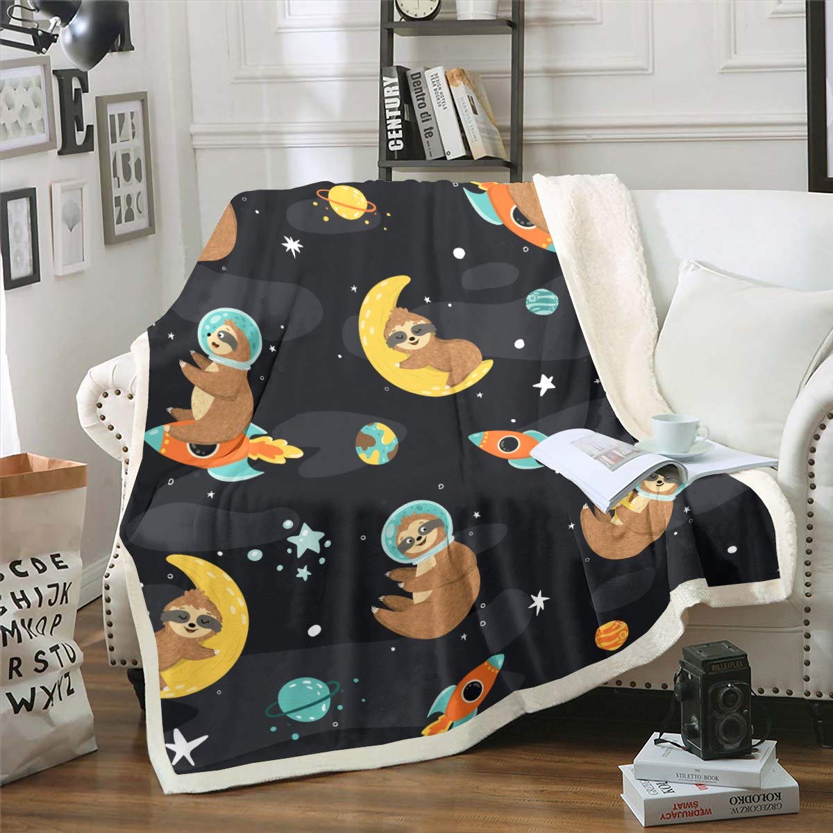 Loussiesd Cute Sloth Fleece Sherpa Blanket - Outer Space Adventure Cartoon Animal Pattern - 50"x60" Plush Throw for Couch, Travel, Sofa & Room Decor
