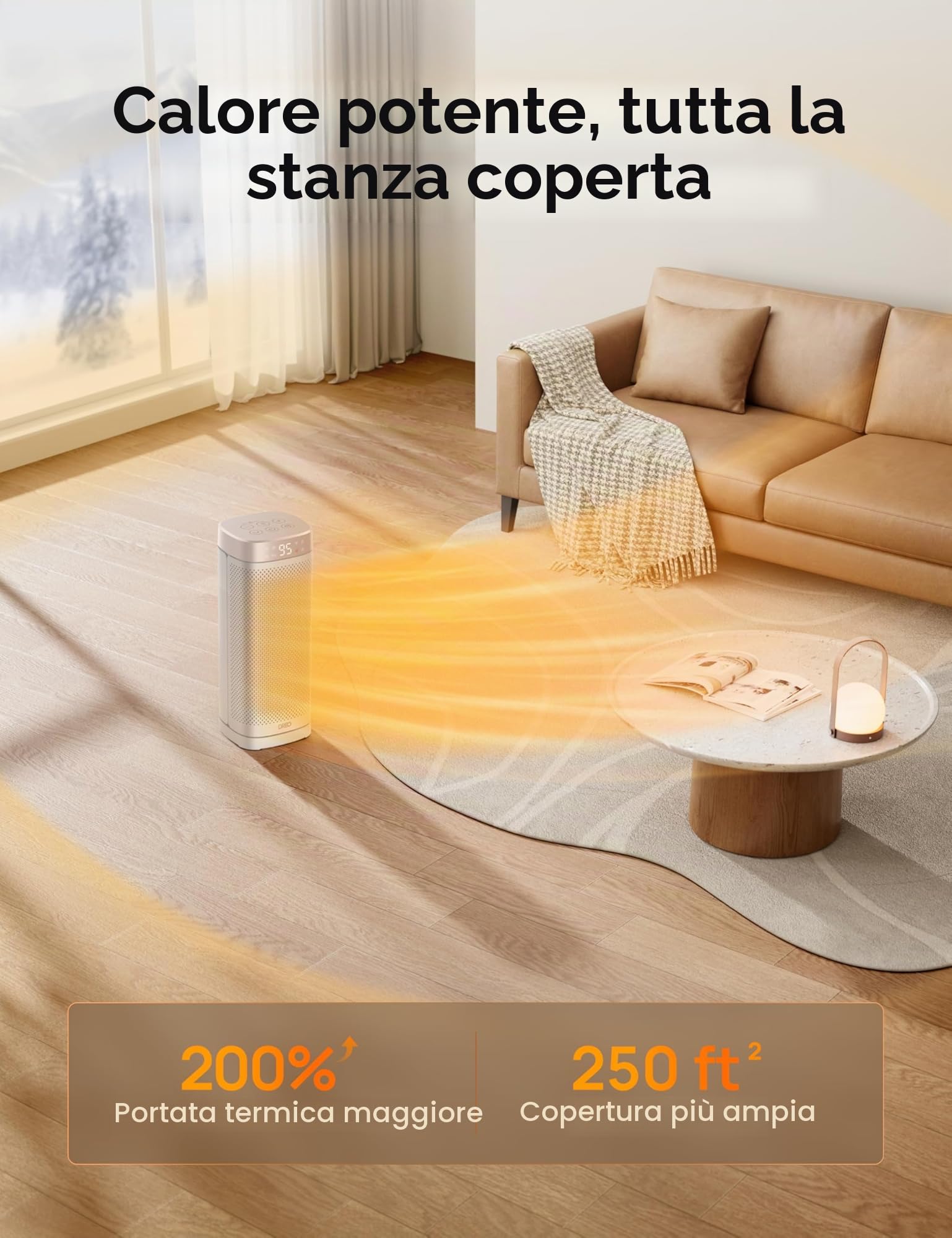 Riscaldatori Dreo 40 cm per uso interno, portatili e a riscaldamento rapido. Con telecomando, timer 12h, oscillazione 70° e protezione surriscaldamento. Sicuri e ideali per camera da letto e ufficio.