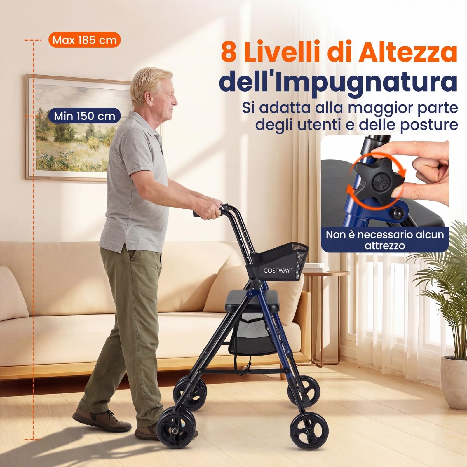 COSTWAY Deambulatore Pieghevole per Anziani, Girello a 4 Ruote con Sedile, Maniglie Regolabili a 8 Livelli, Schienale e Borsa a Rete, Deambulatore Rollator Ultraleggero per Disabil, Portata 136 kg